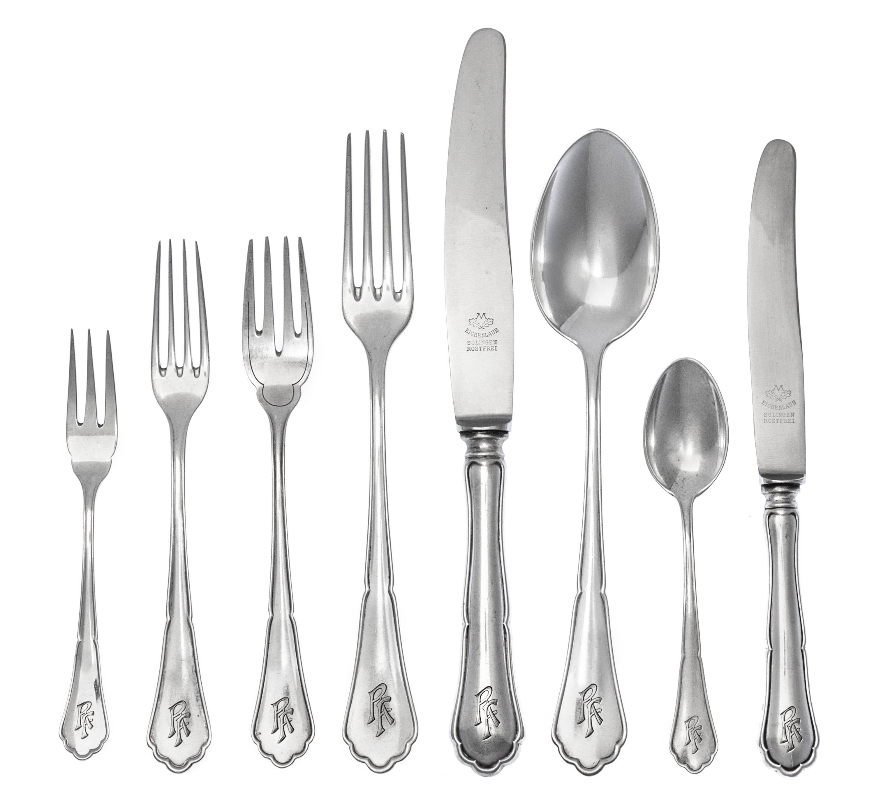 A German Silver Flatware Service for Twelve, Bremer Silberwarenfabrik AG, Bremen, 20th Century, comprising: 12 dinner knives 12 dinner