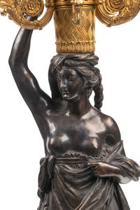 A Large French Gilt and Patinated Bronze and Rouge Marble Three-Piece Clock Garniture