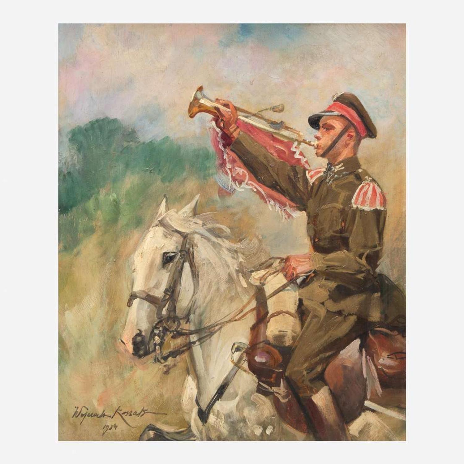 Woiciech (Aldabert) Ritter von Kossak (Polish, 1856-1942) Trumpetting Soldier on Horseback
