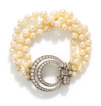 TIFFANY & CO., PALLADIUM, DIAMOND AND CULTURED PEARL BRACELET