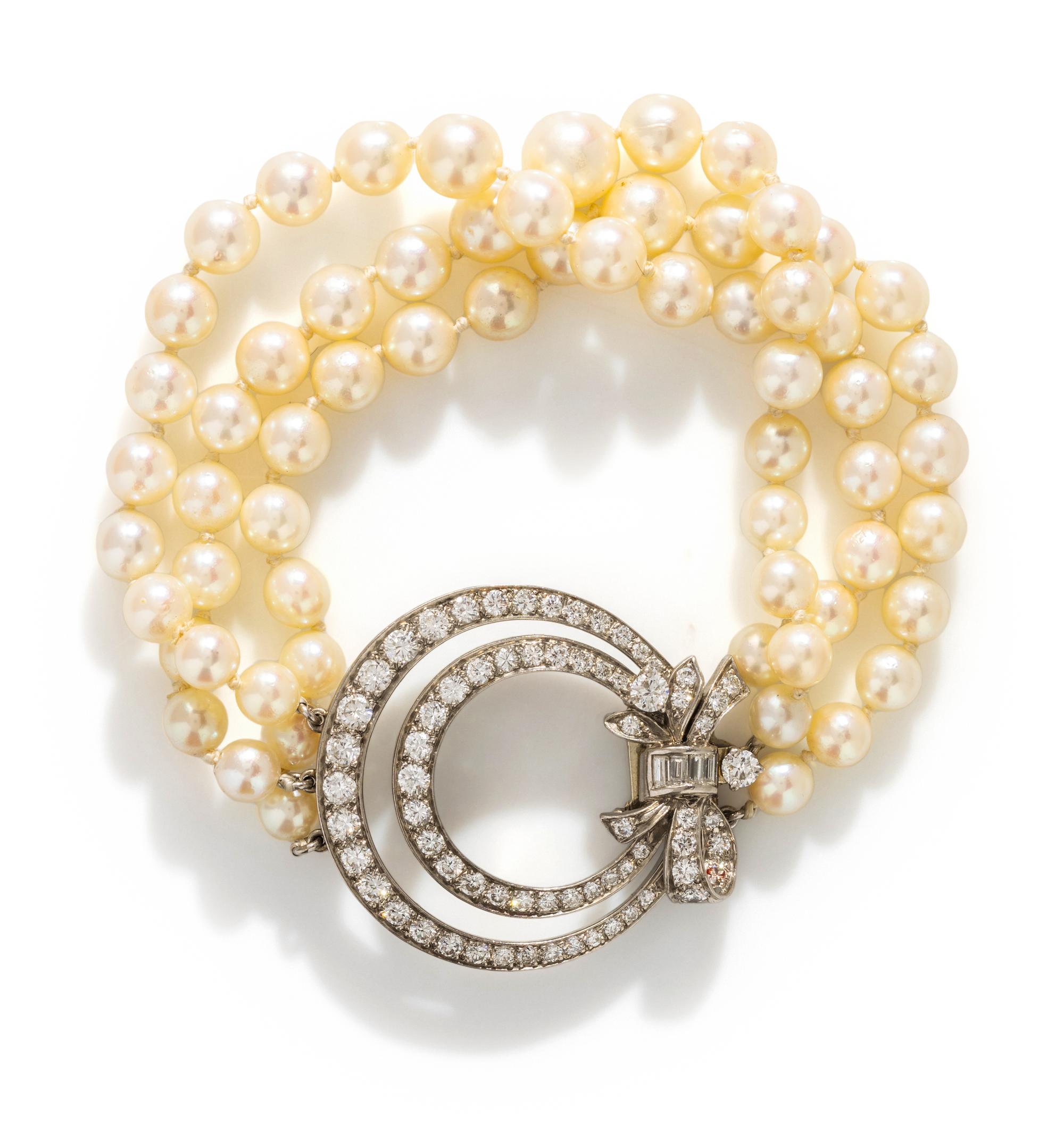 TIFFANY & CO., PALLADIUM, DIAMOND AND CULTURED PEARL BRACELET