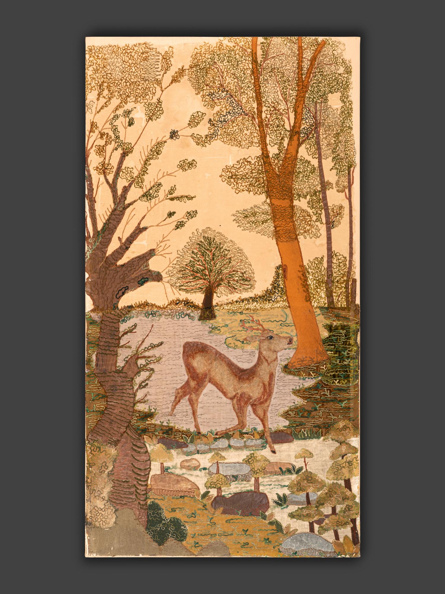 An American Needlework Tufted and Embroidered Landscape Scene
