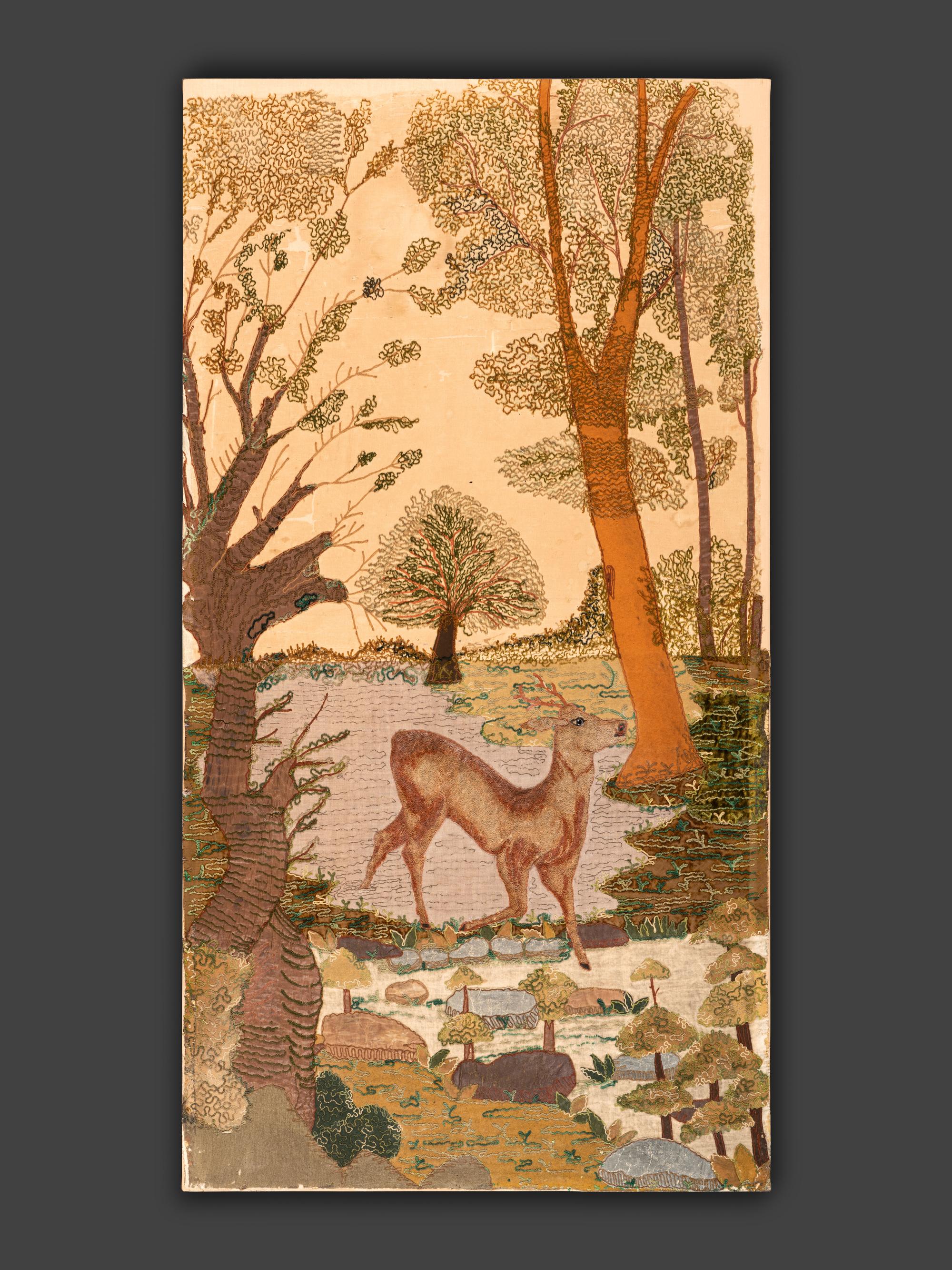 An American Needlework Tufted and Embroidered Landscape Scene