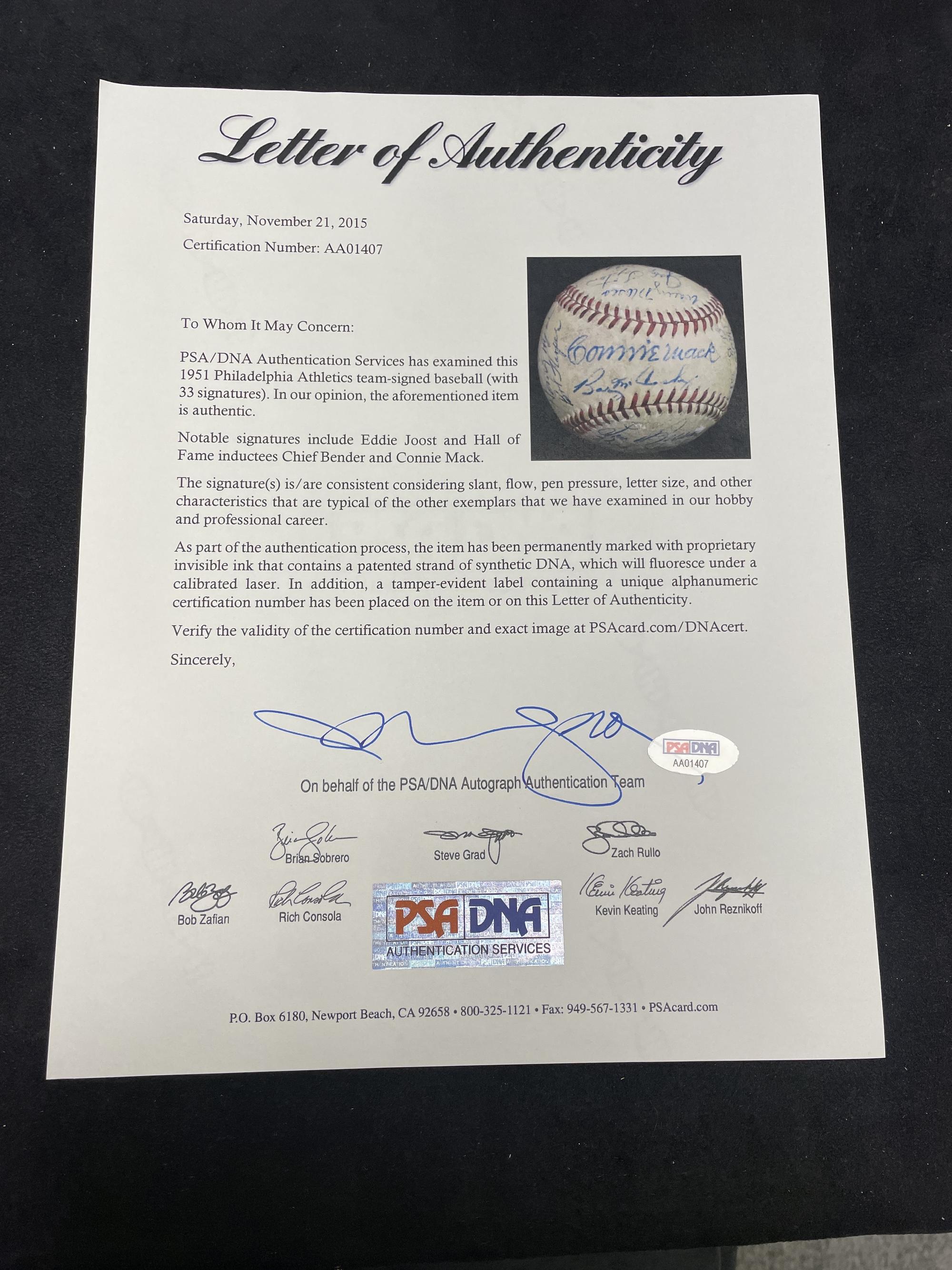 A 1951 Philadelphia Athletics Team Signed Autograph Baseball Featuring Connie Mack and Chief Bender (PSA Letter of Authenticity)