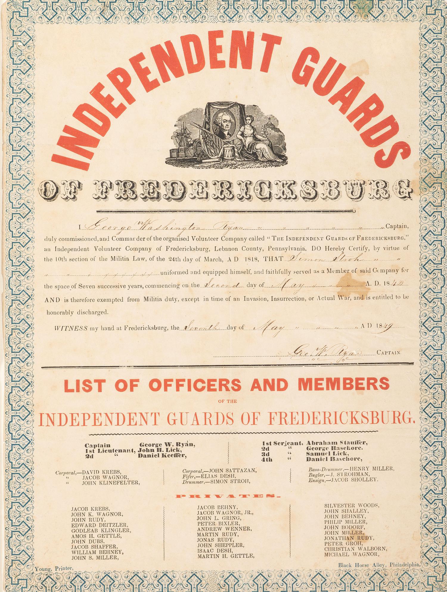 [MILITIA]. Independent Guards of Fredericksburg partly printed commission. Fredericksburg, [PA], 7 May 1849.