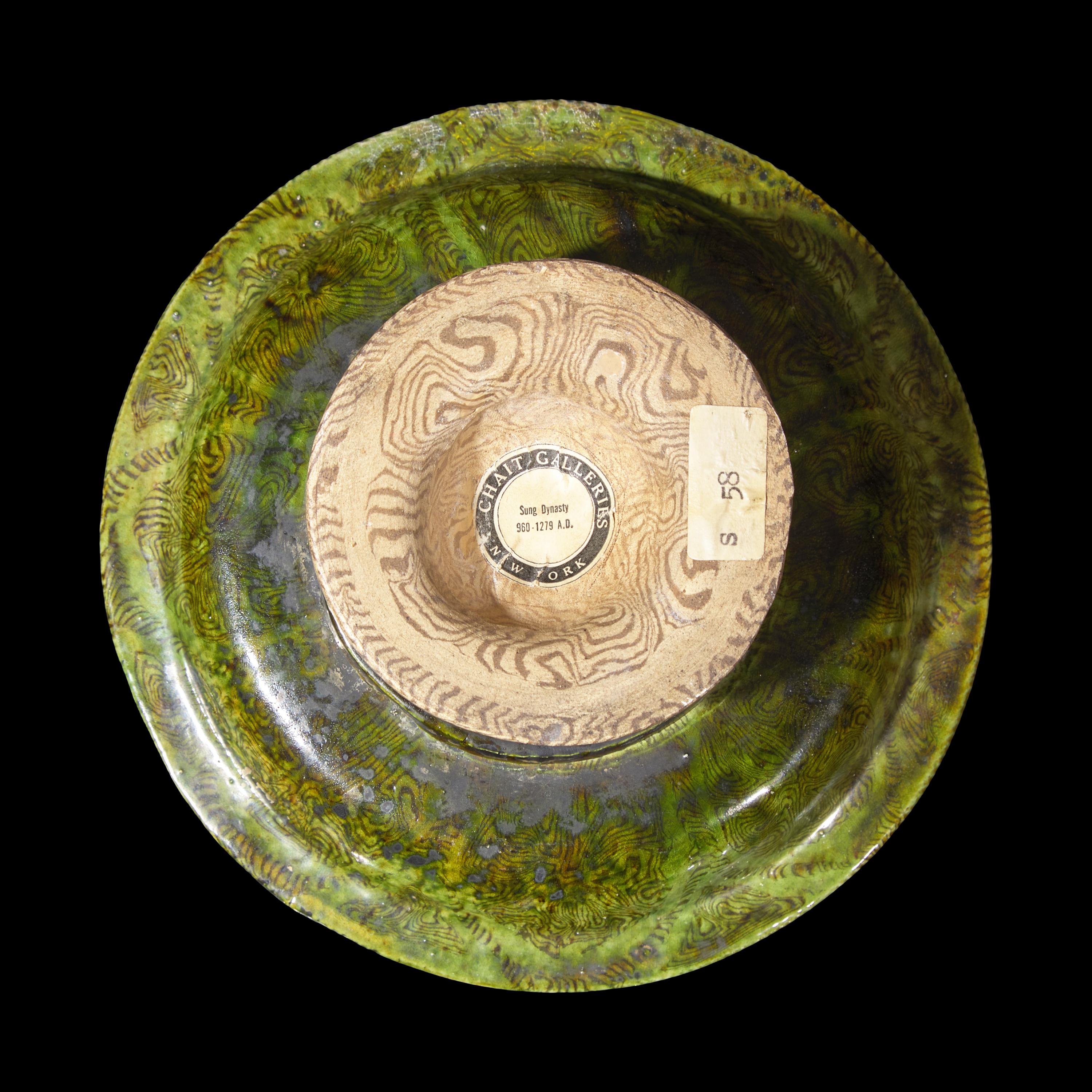 A Chinese Green Glazed Marbled Stem Dish, Possibly Tang Dynasty 或爲唐 綠釉絞胎高足盤