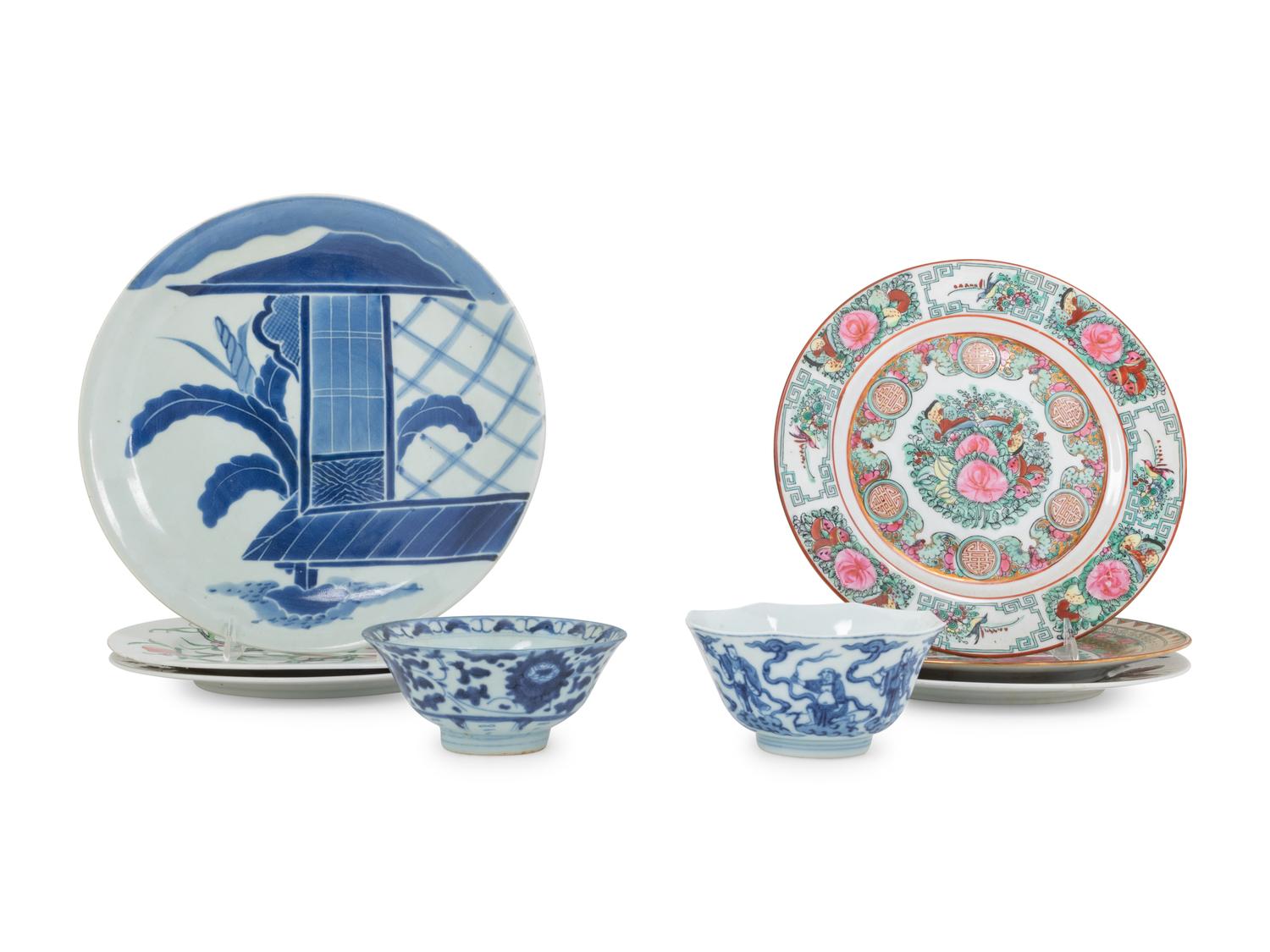 Six Chinese Export Porcelain Plates and Two Blue and White Bowls