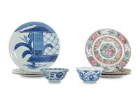 Six Chinese Export Porcelain Plates and Two Blue and White Bowls