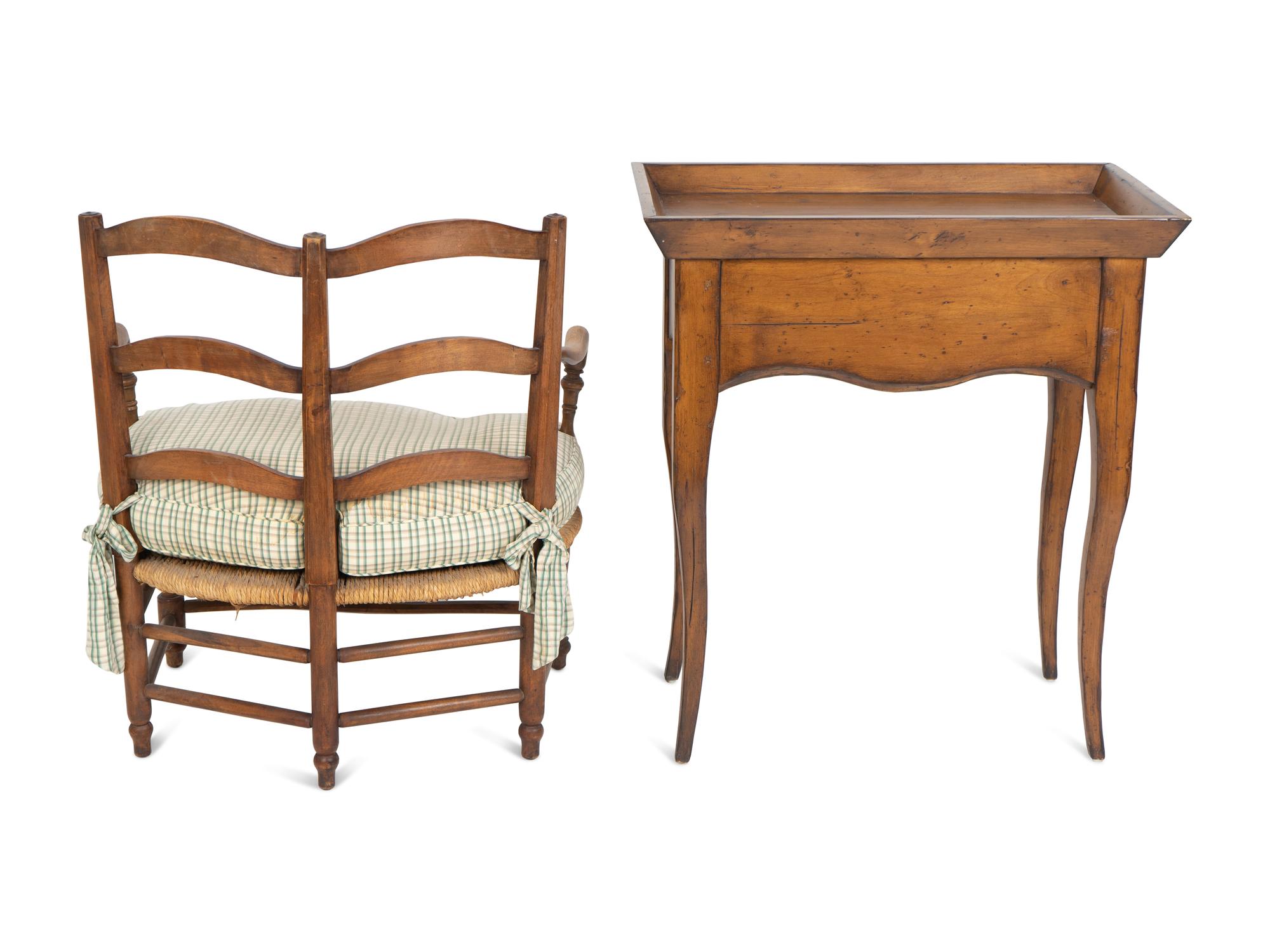 A French Provincial Tray Top Side Table and a Rush-seat Bench — 19TH/20TH CENTURY