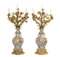 A Pair of Chinese Export Gilt Bronze Mounted Vases, Height 38 inches.