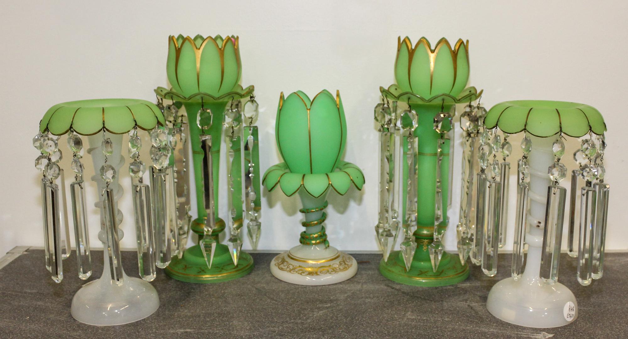 A Pair of Opaline Glass Mantle Lustres Height of tallest 14 inches.