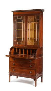 A George III Style Mahogany Cylinder Secretary Bookcase Height 90 x width 34 1/2 x depth 18 1/4 inches. — LATE 19TH/EARLY 20TH CENTURY