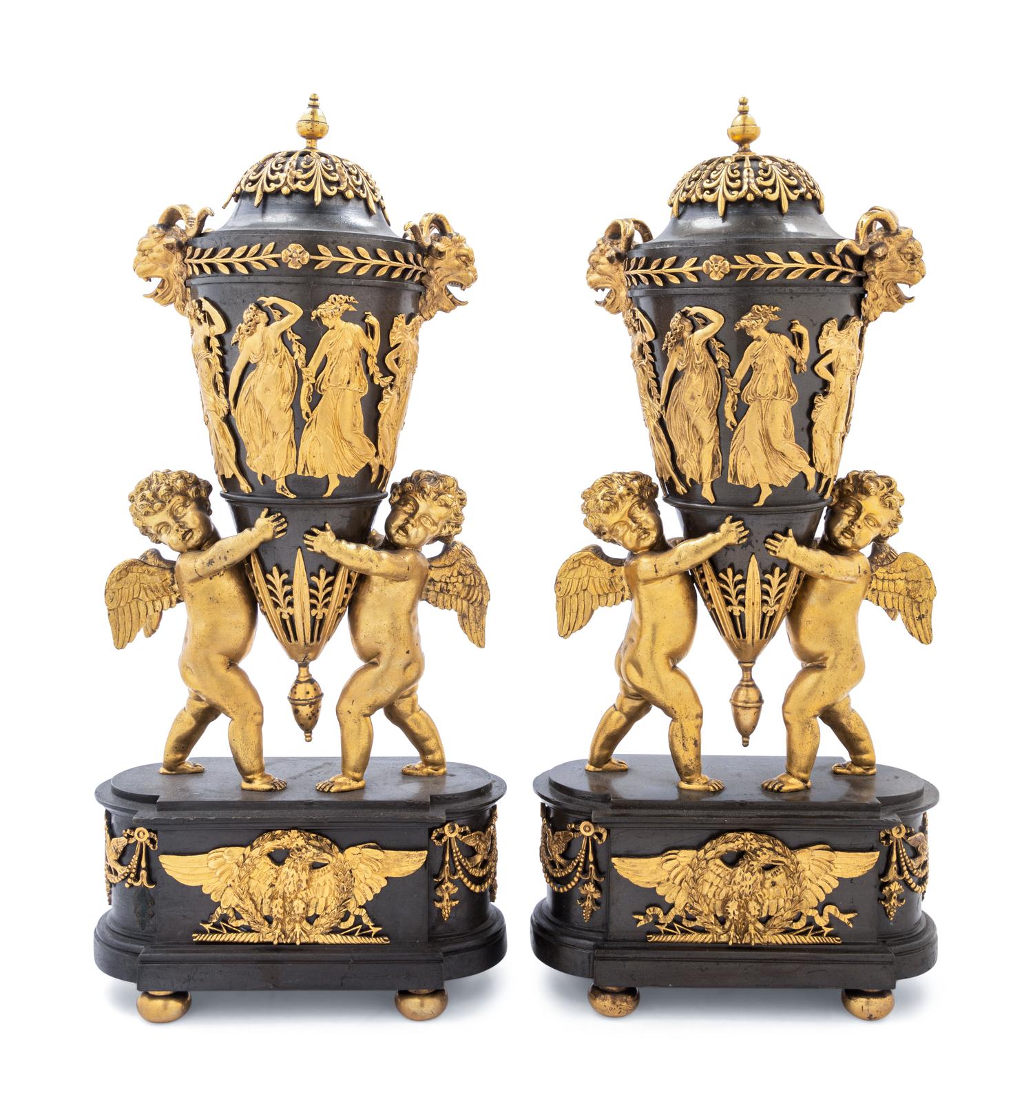 A Pair of Directoire Revival Gilt and Patinated Bronze Urn Ornaments