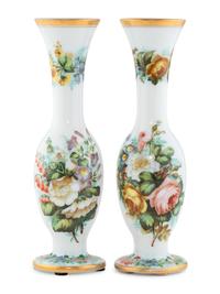 A Pair of French Opaline Glass Painted Vases
