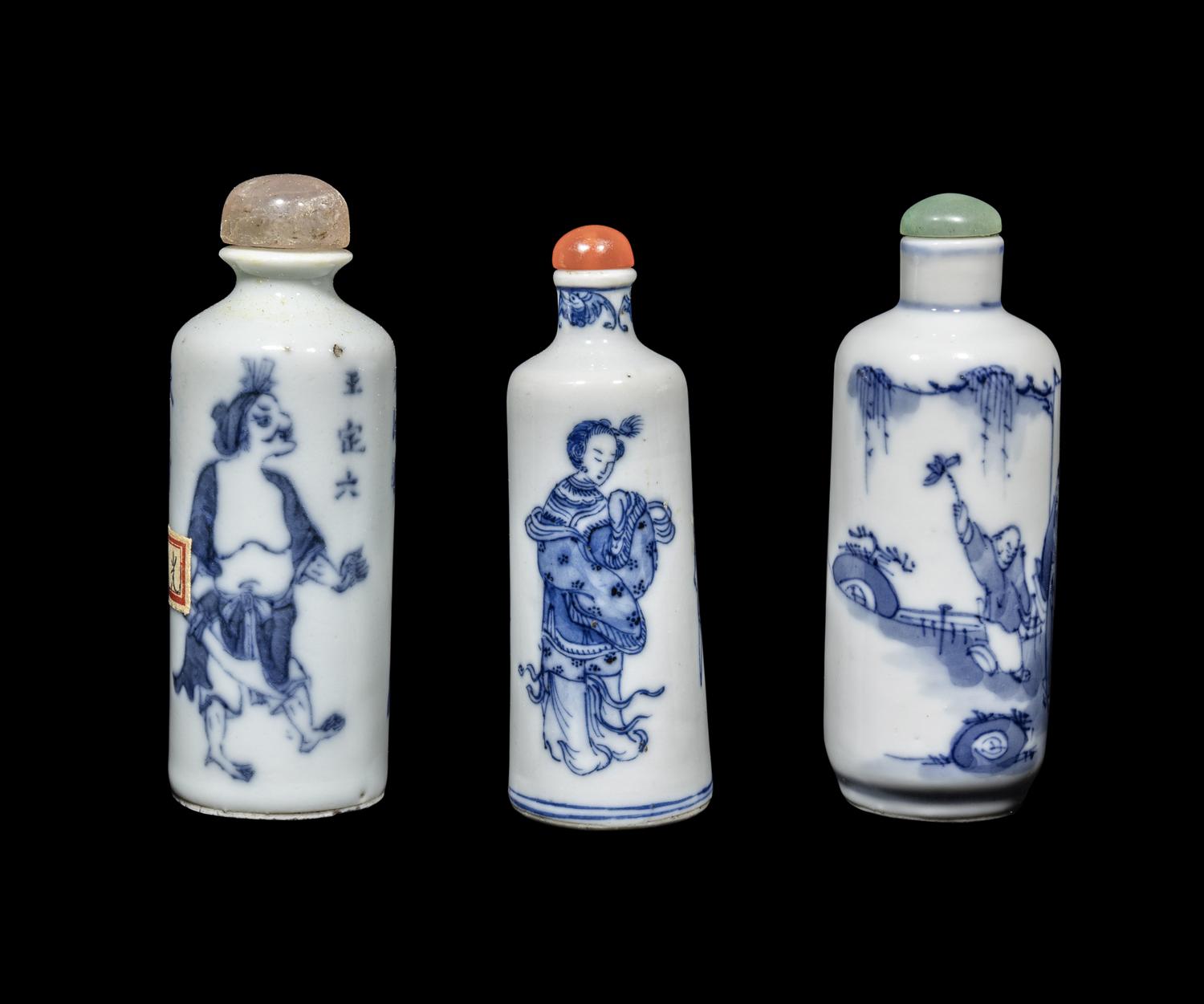 Three Chinese Blue and White Porcelain 'Figural' Snuff Bottles