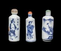 Three Chinese Blue and White Porcelain 'Figural' Snuff Bottles