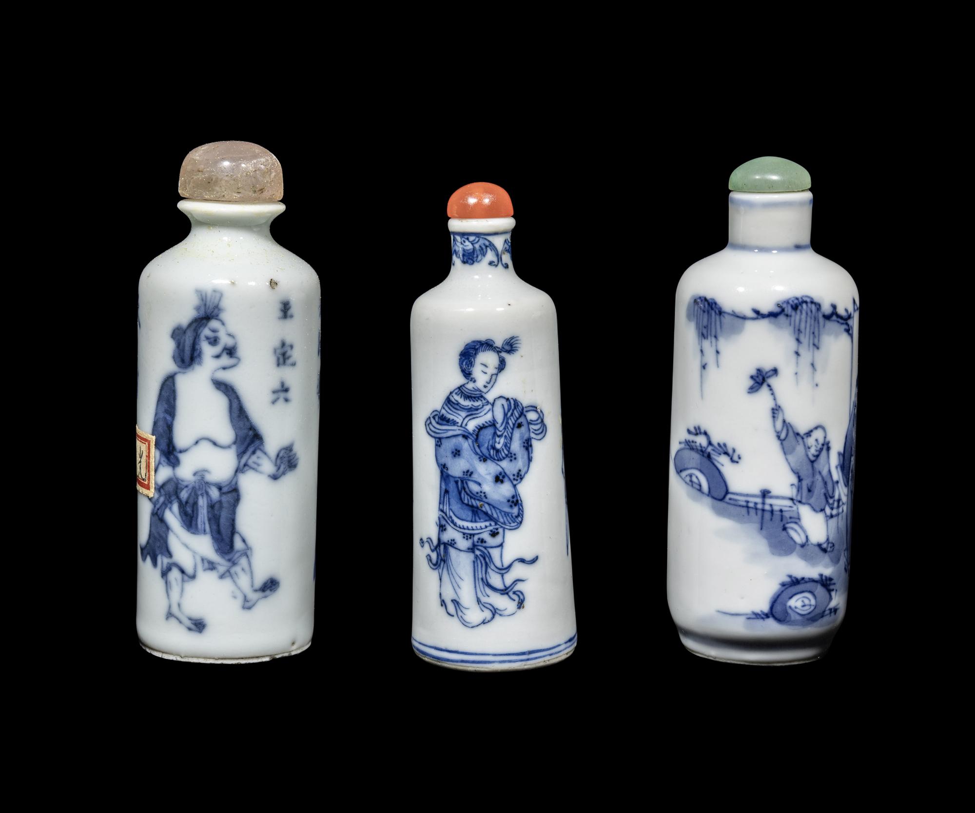 Three Chinese Blue and White Porcelain 'Figural' Snuff Bottles