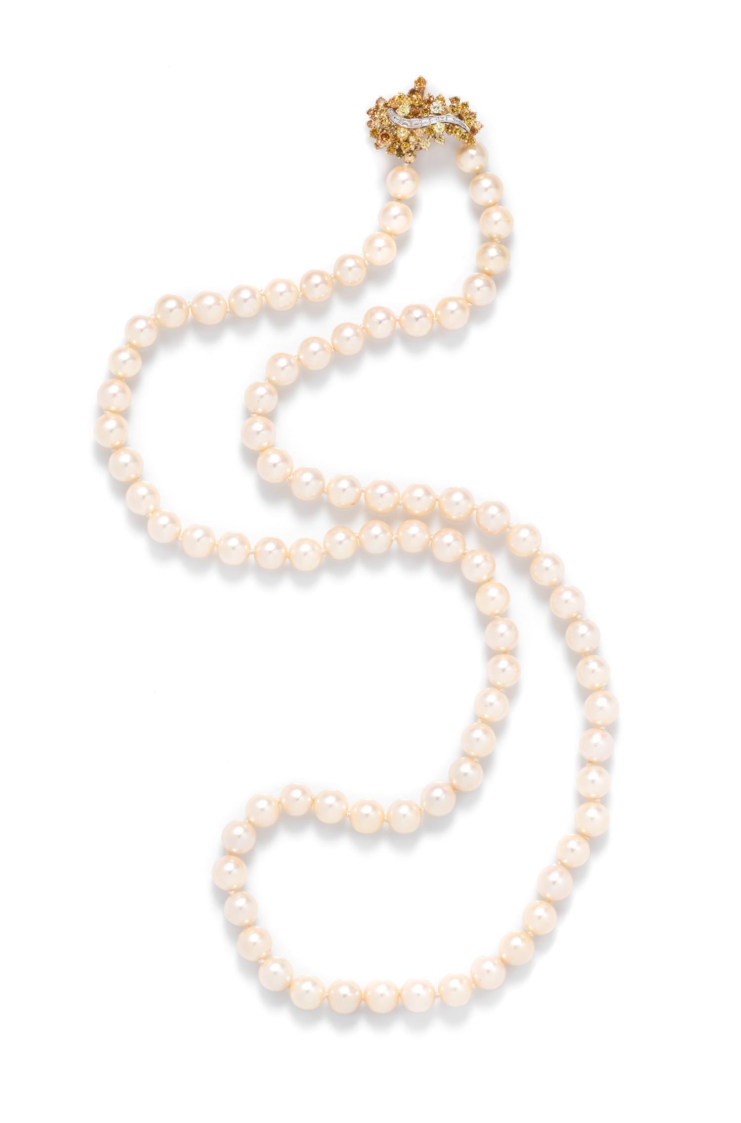 An 18 Karat Bicolor Gold, Cultured Pearl, Colored Diamond and Diamond Necklace,