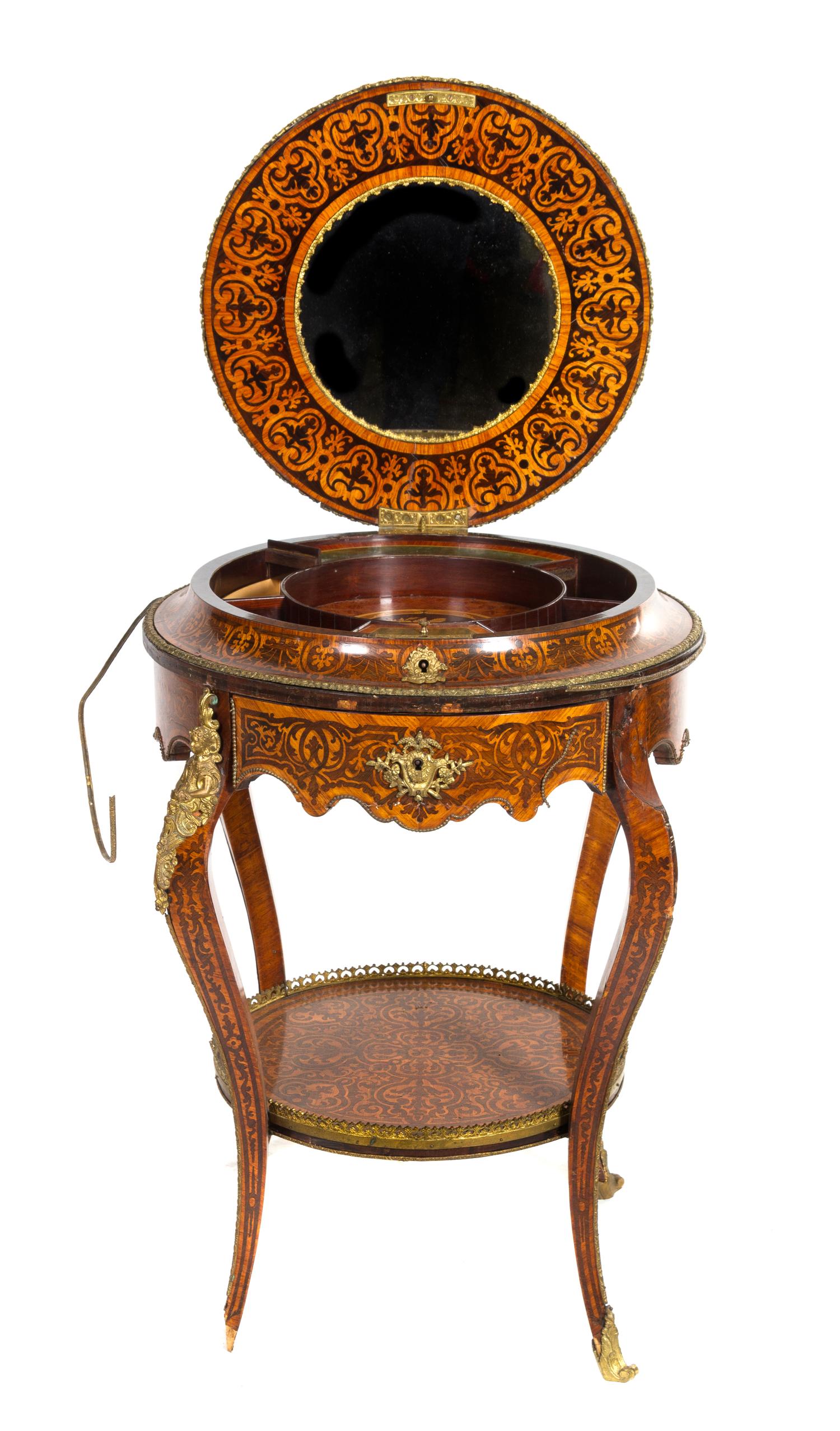 A Louis XV Style Gilt Bronze Mounted Marquetry Work Table Height 30 x diameter of top 24 inches. — 19TH CENTURY