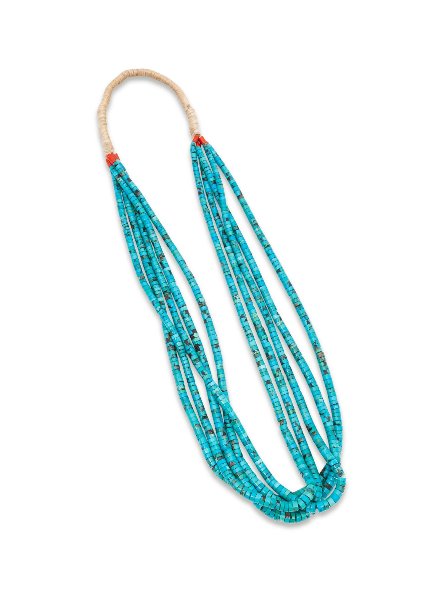 Pueblo Five-Strand Graduated Rolled Turquoise Necklace, with Traditional Cord Wrap