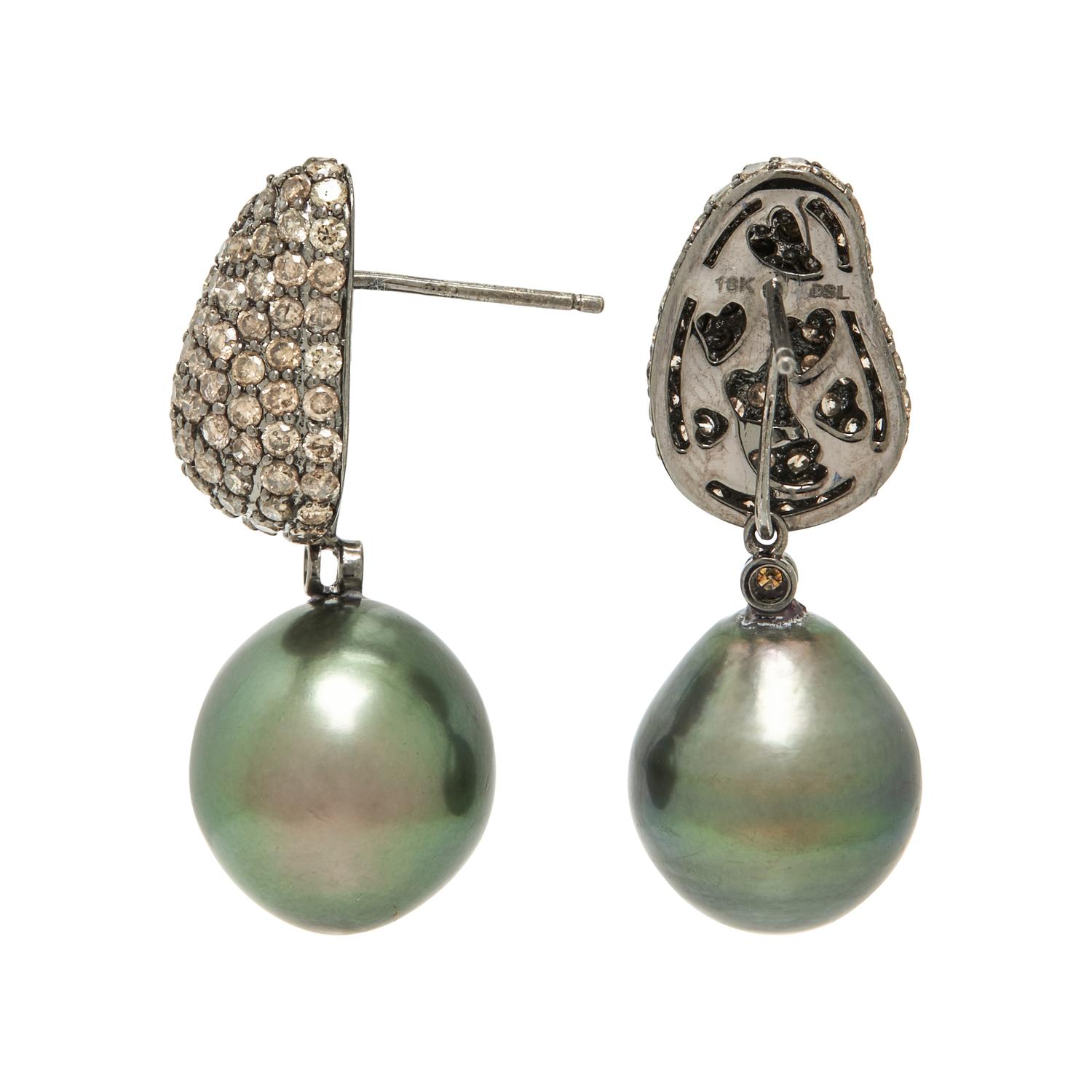 CULTURED TAHITIAN PEARL AND COLORED DIAMOND CONVERTIBLE EARRINGS