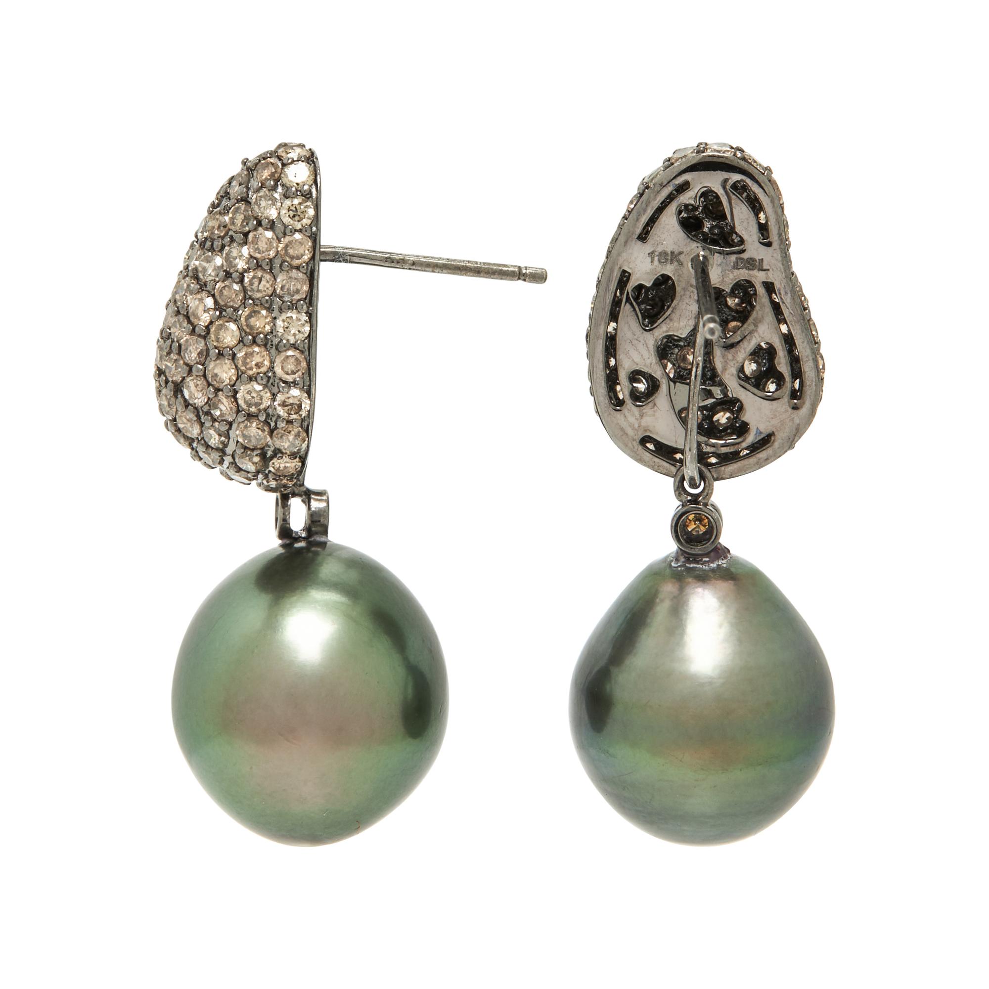 CULTURED TAHITIAN PEARL AND COLORED DIAMOND CONVERTIBLE EARRINGS
