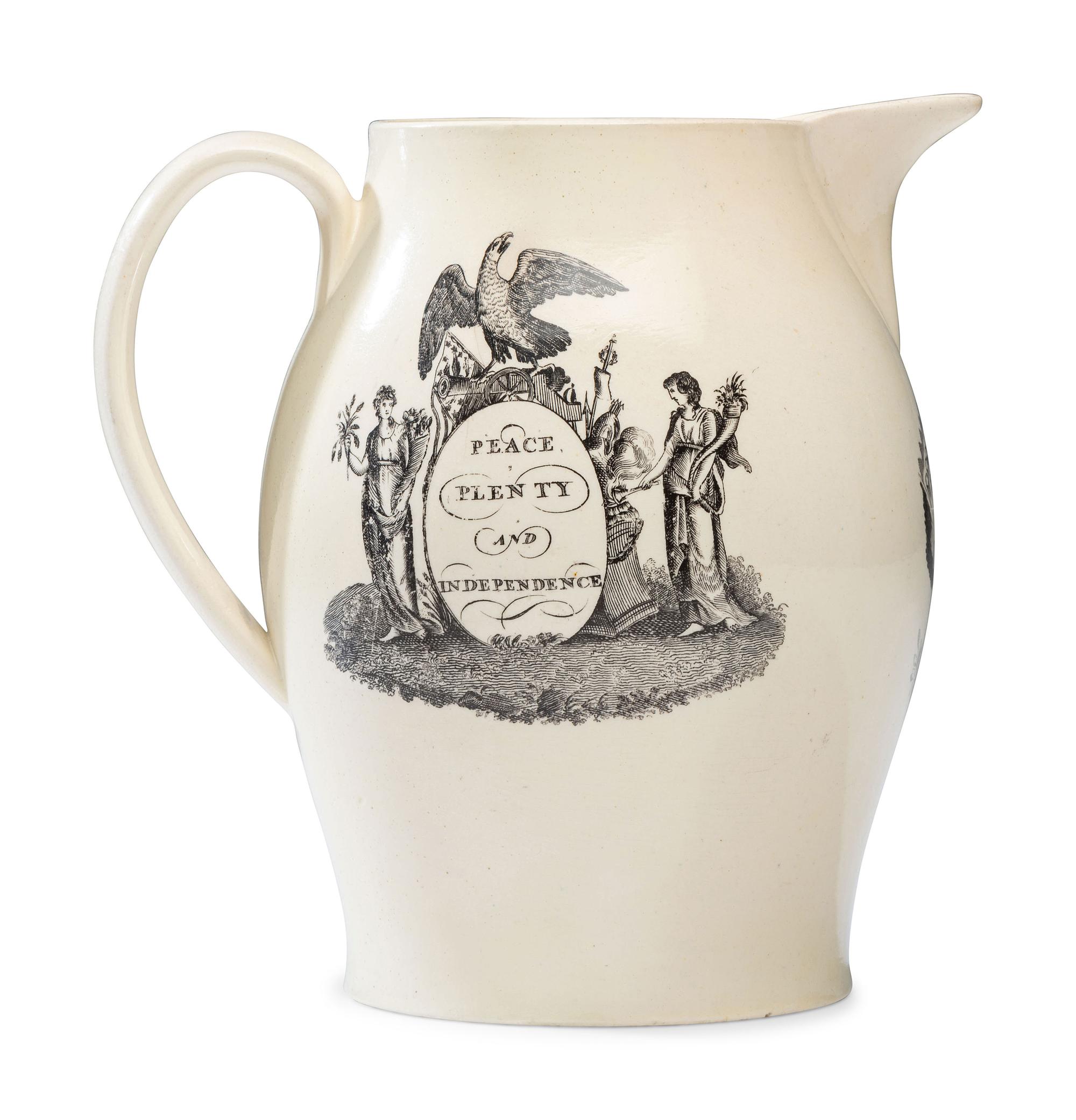 A Liverpool Transfer-Printed Creamware 'Peace, Plenty, and Independence / James Madison' Pitcher