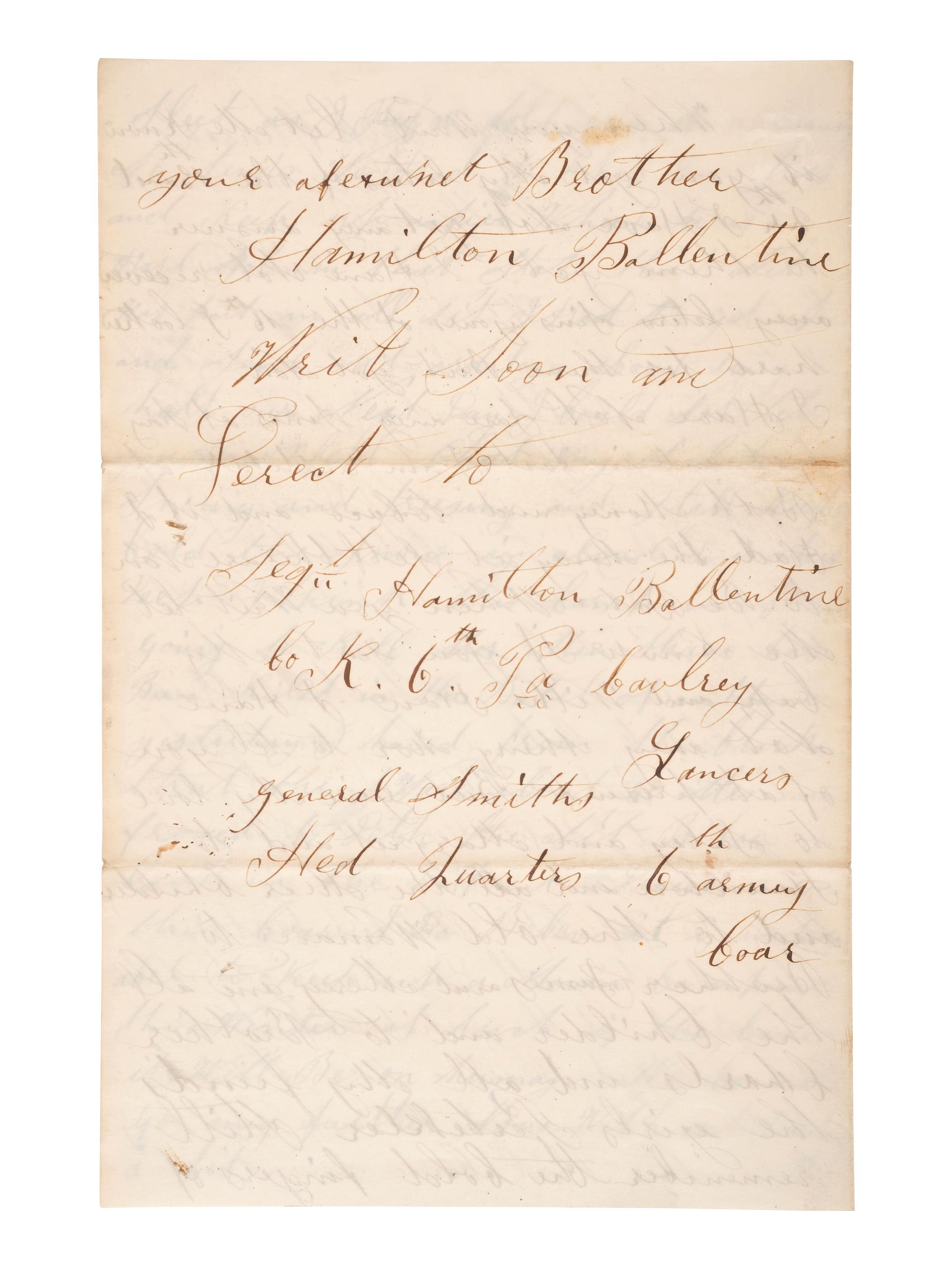 [CIVIL WAR]. Manuscript archive of Sergeant Hamilton Ballentine (1833-1920), Co. K, 6th Pennsylvania Cavalry, "Rush's Lancers," featuring battle content from key engagements and descriptions of "Sheridan's Raiders."