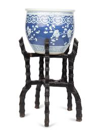A Large Chinese Blue and White Porcelain Fishbowl with Stand