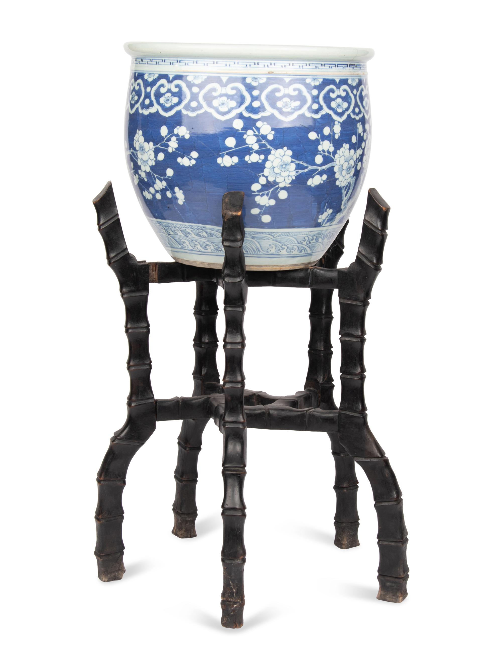 A Large Chinese Blue and White Porcelain Fishbowl with Stand