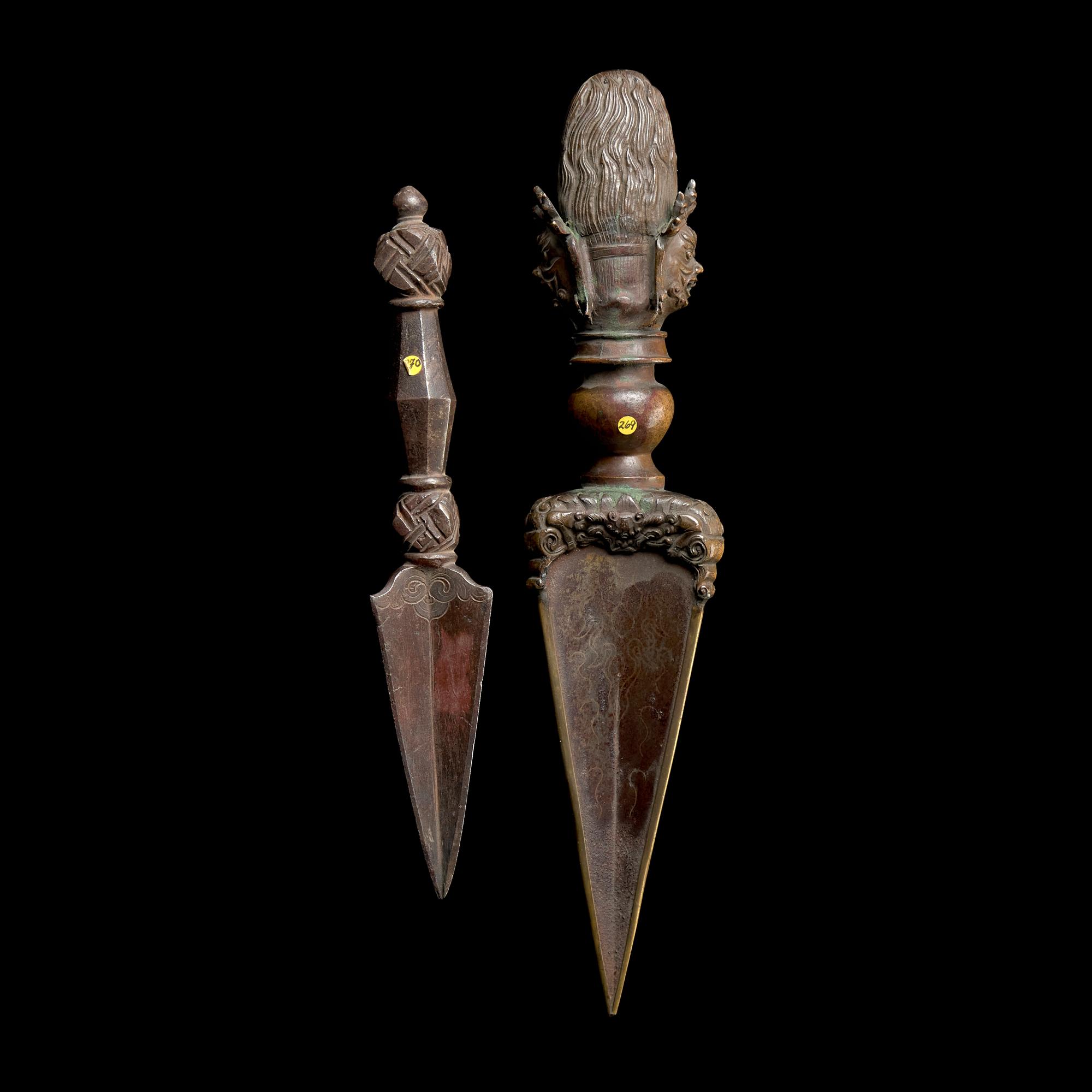 Two Tibetan Copper Alloy and Iron Phurba Daggers 金剛杵兩件