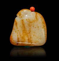 A Chinese Russet and White Jade 'Monkey and Peach' Snuff Bottle