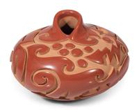 Red and Tan Carved Pottery Vase, with Avanyu