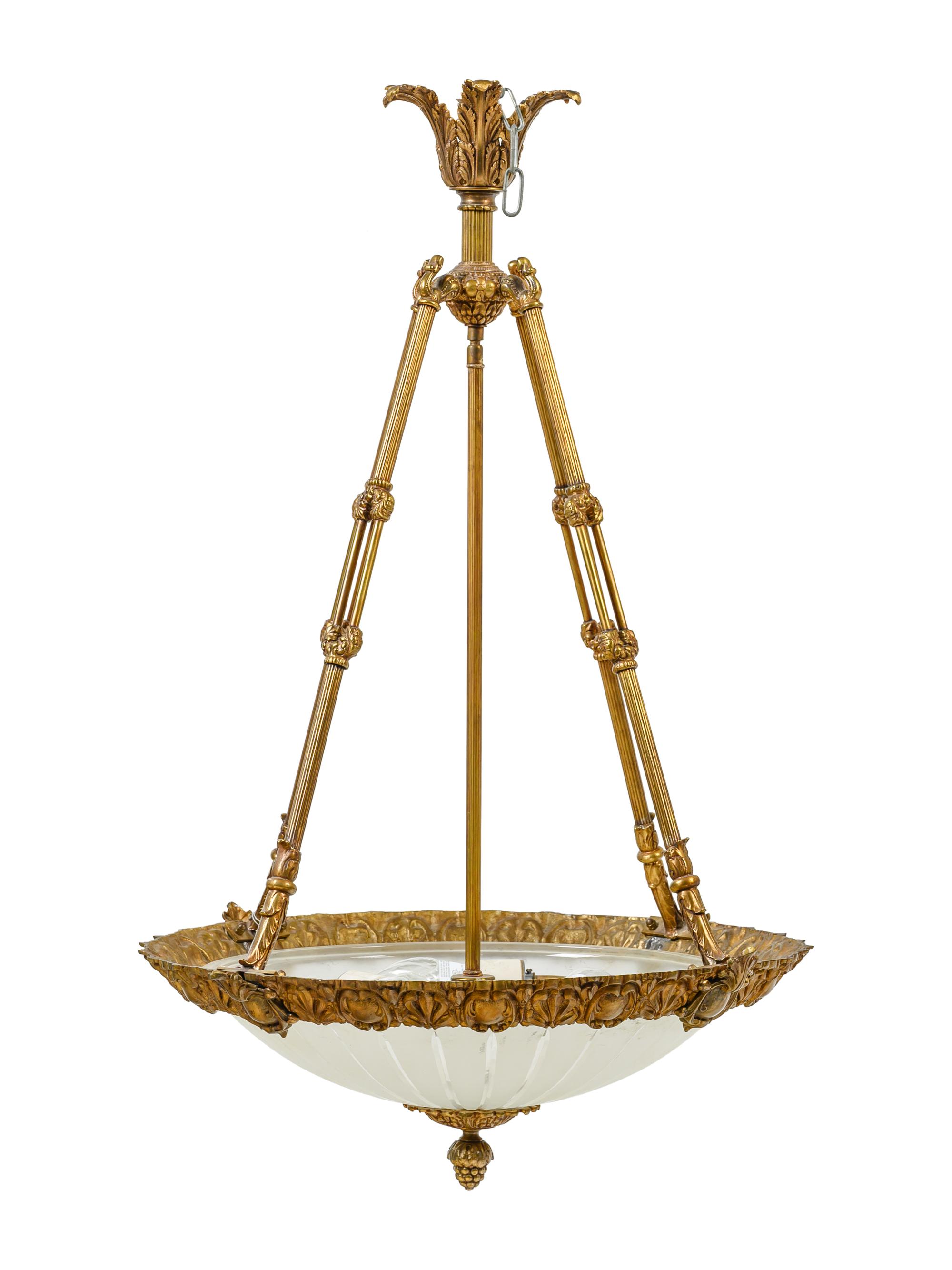 A Neoclassical Style Gilt Metal and Frosted Glass Hanging Fixture
