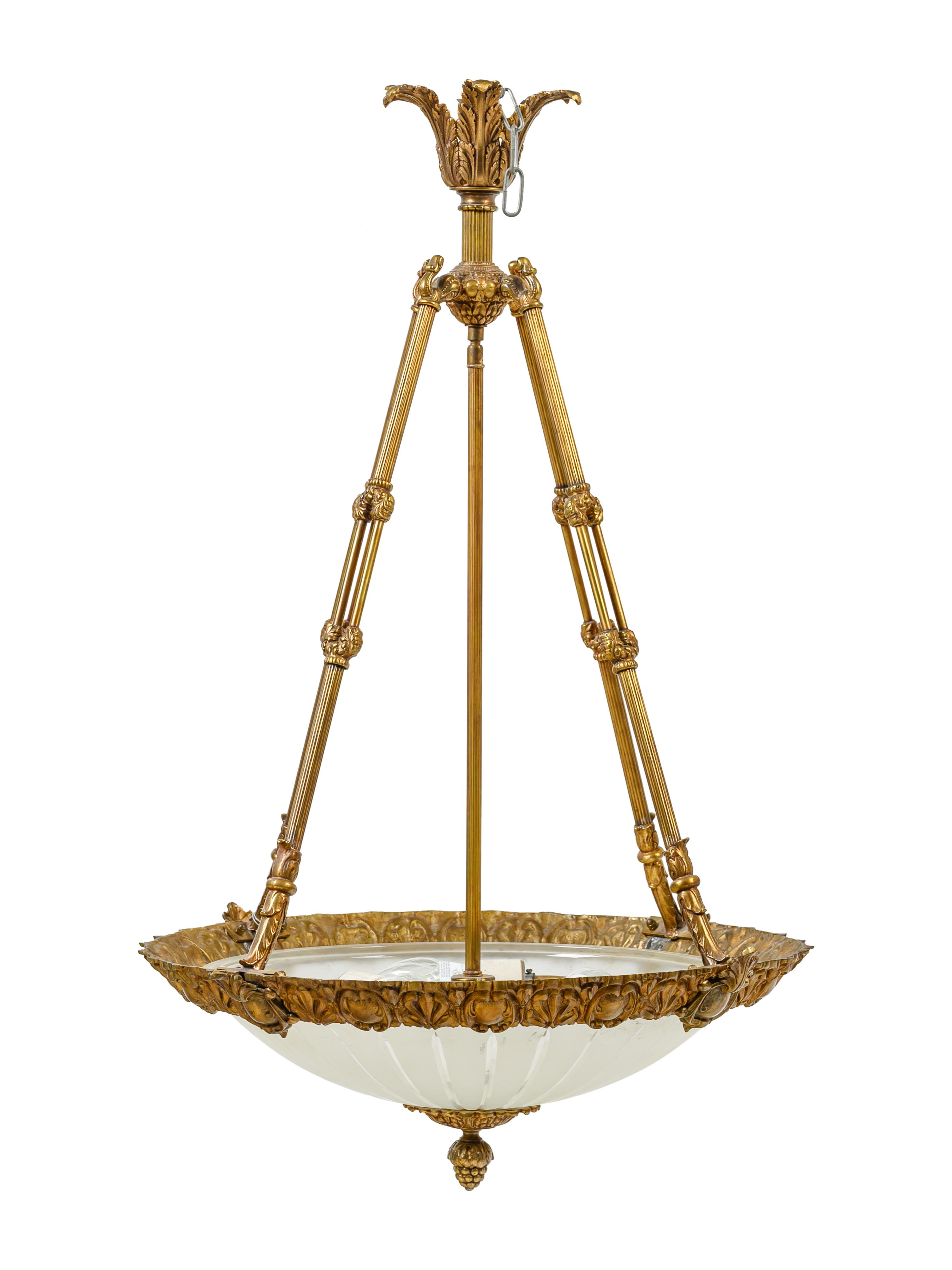 A Neoclassical Style Gilt Metal and Frosted Glass Hanging Fixture