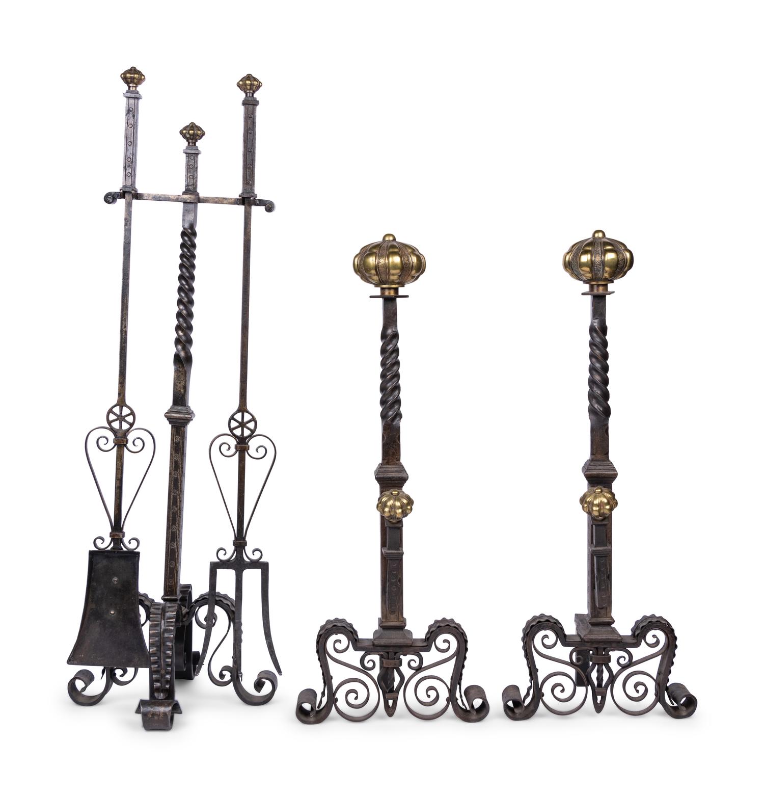A Pair of Continental Brass and Iron Andirons and Fender