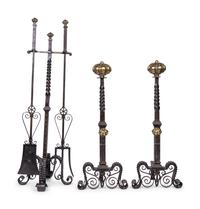 A Pair of Continental Brass and Iron Andirons and Fender