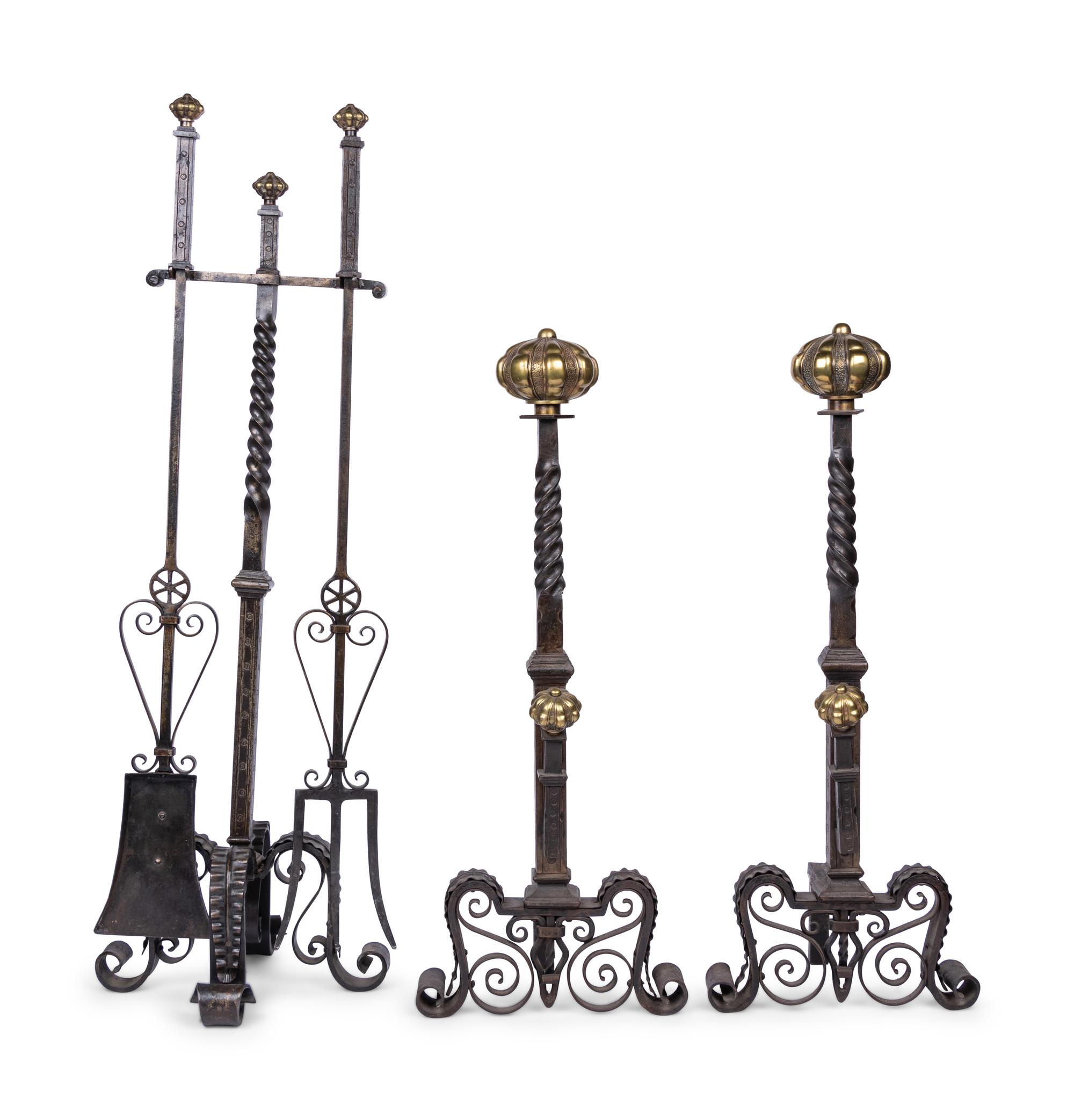 A Pair of Continental Brass and Iron Andirons and Fender