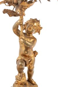 A Pair of French Gilt Bronze and Marble Figural Eight-Light Candelabra