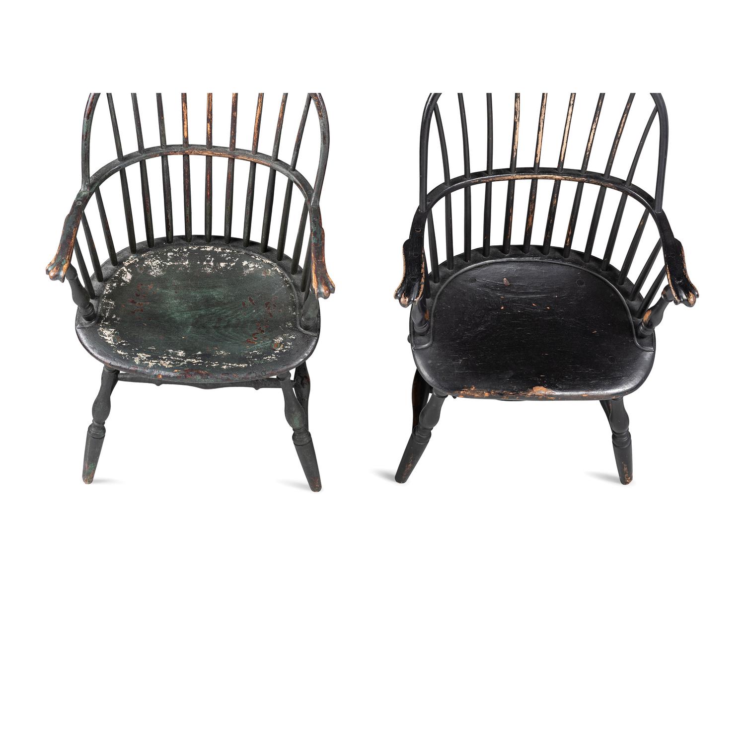 A Matched Pair of Paint Decorated Knuckle-Arm Sack Back Windsor Armchairs