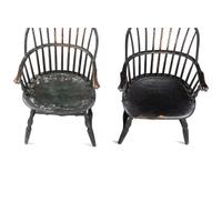 A Matched Pair of Paint Decorated Knuckle-Arm Sack Back Windsor Armchairs