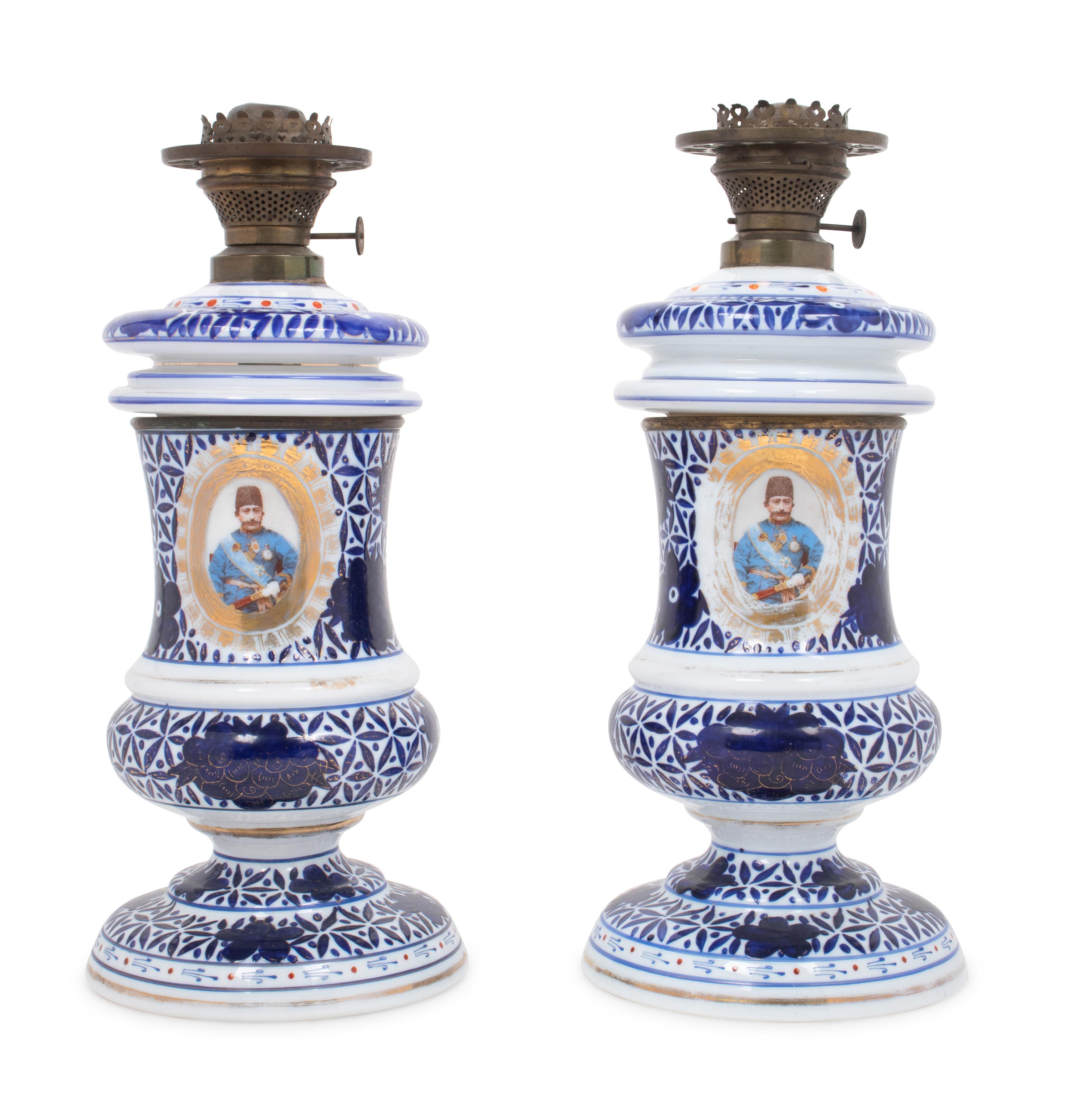 A Pair of Persian Market Opaline Glass Oil Lamps