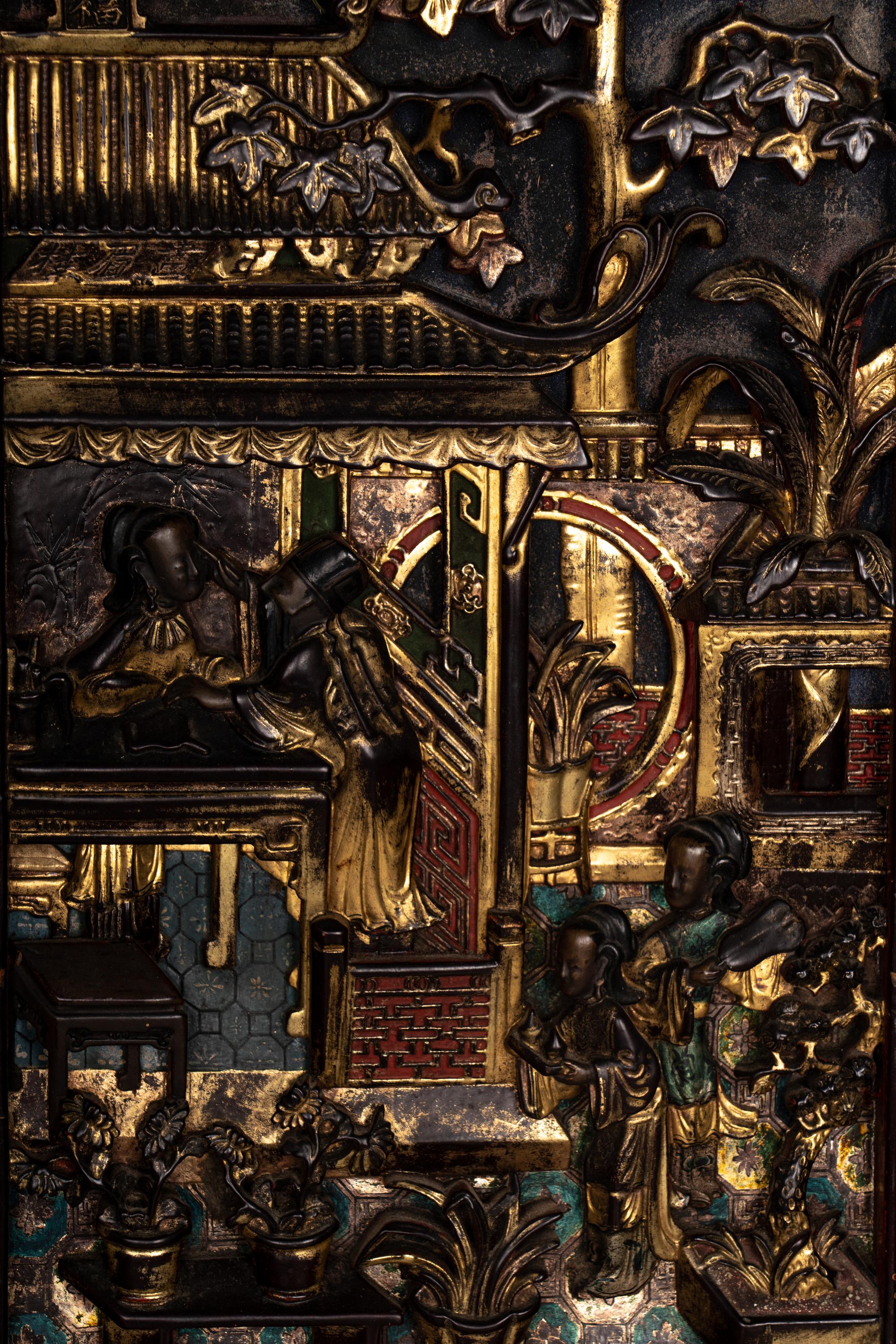 Five Chinese Gilt and Lacquered Carved Wood Panels
