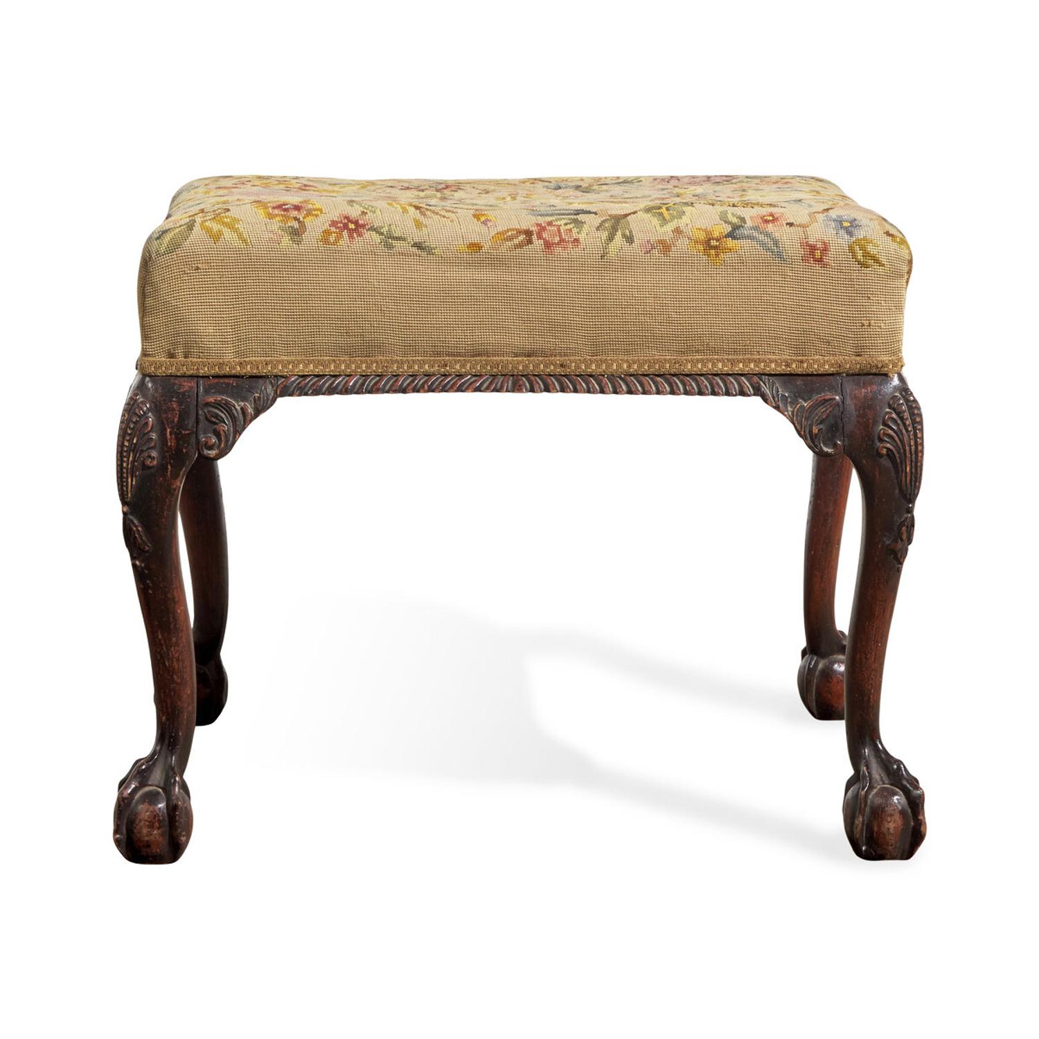 A George III Style Carved Mahogany Stool with Needlepoint Upholstery