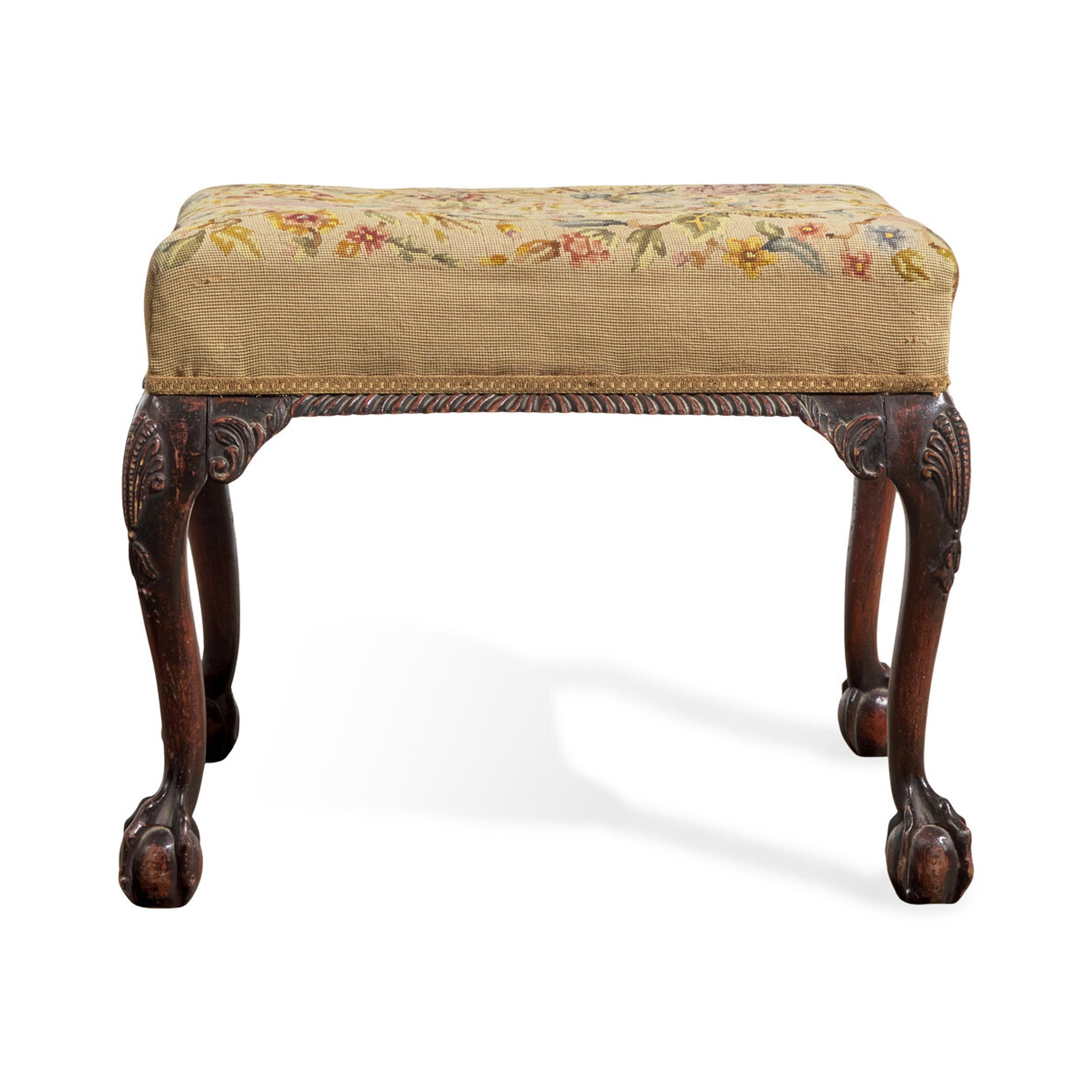 A George III Style Carved Mahogany Stool with Needlepoint Upholstery