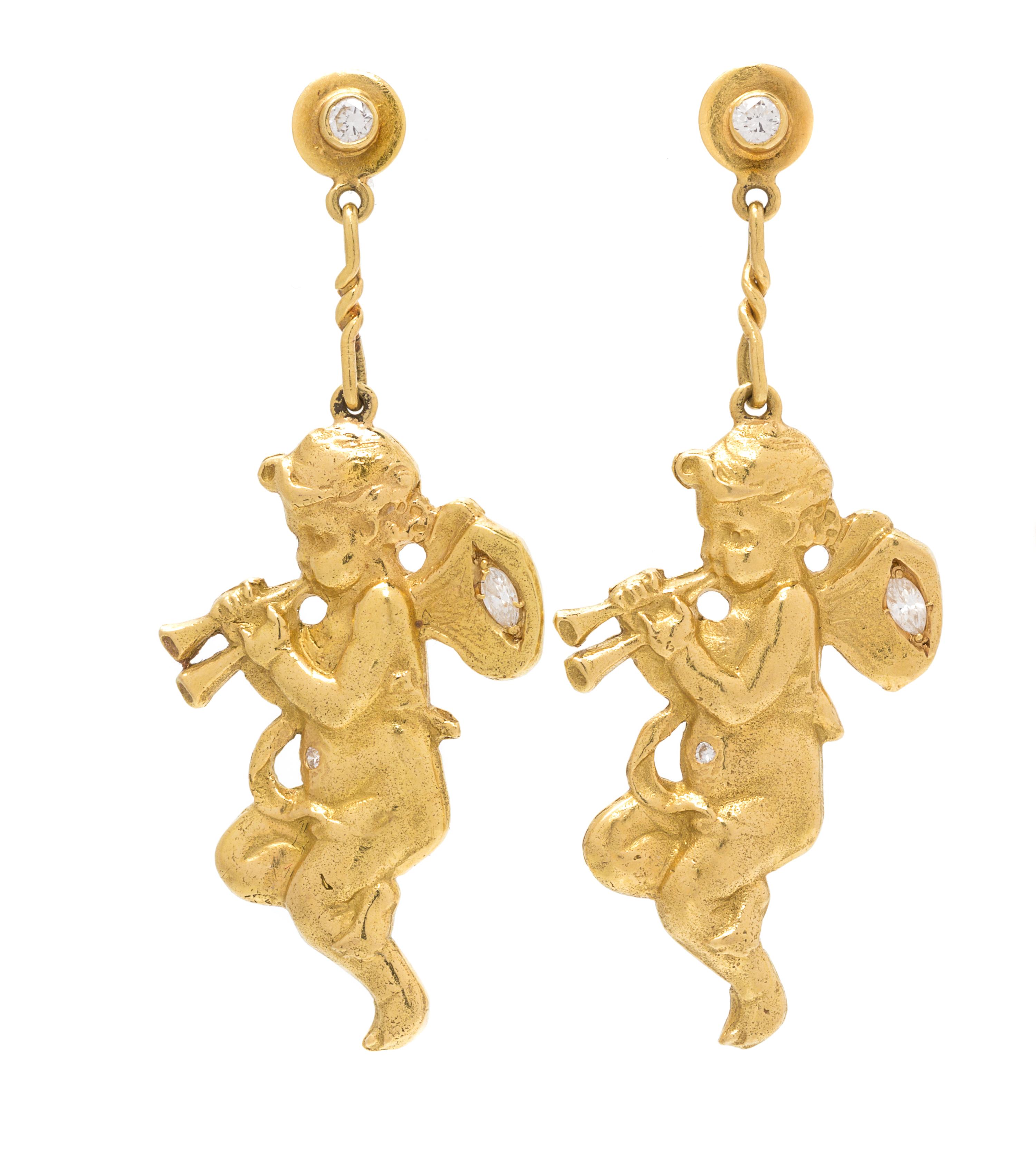 A Pair of 18 Karat Yellow Gold and Diamond Cherub Motif Earrings, 7.10 dwts.