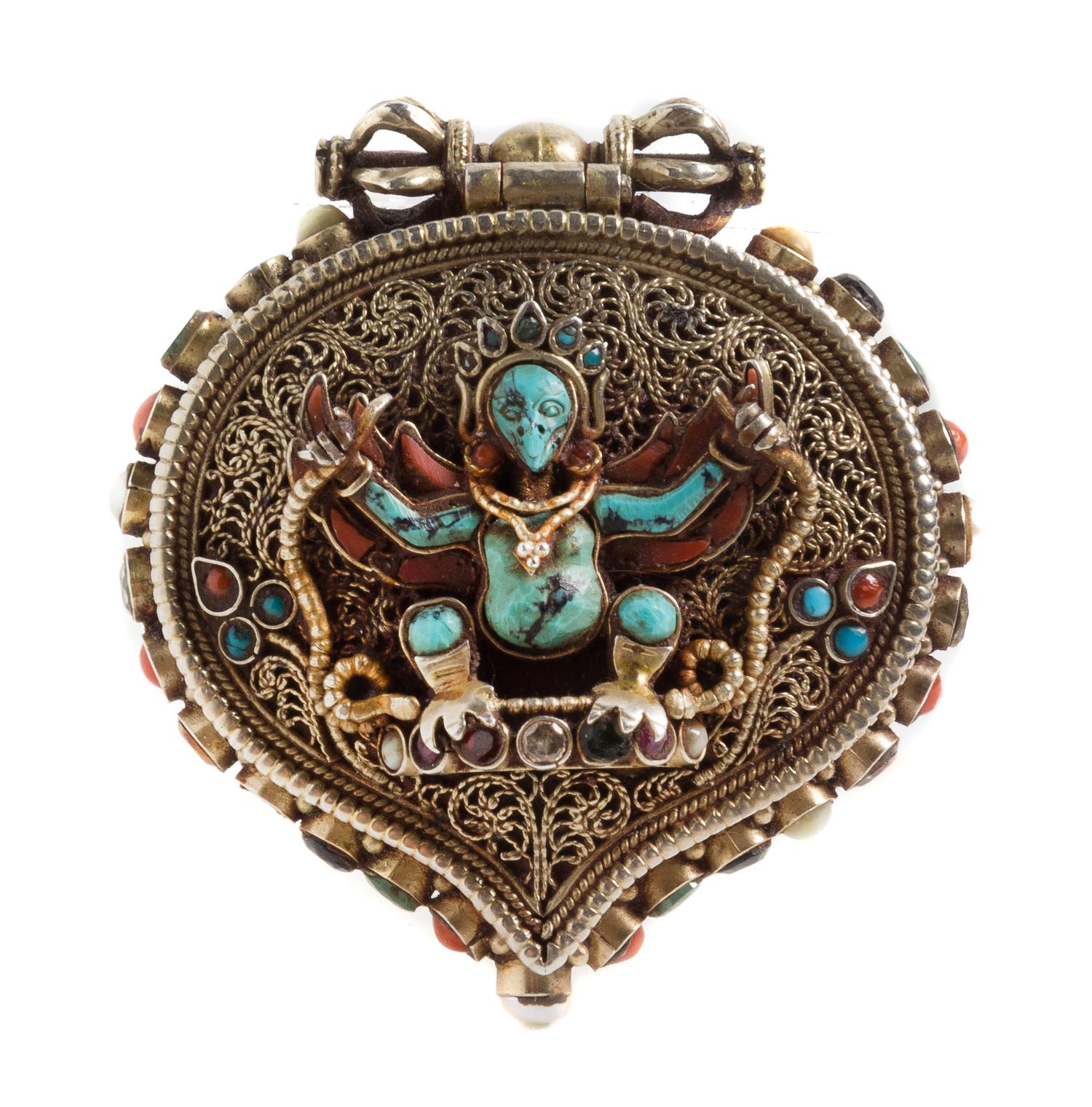 A Tibetan Hardstone and Glass Inset Gilt Metal Prayer Box