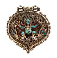 A Tibetan Hardstone and Glass Inset Gilt Metal Prayer Box
