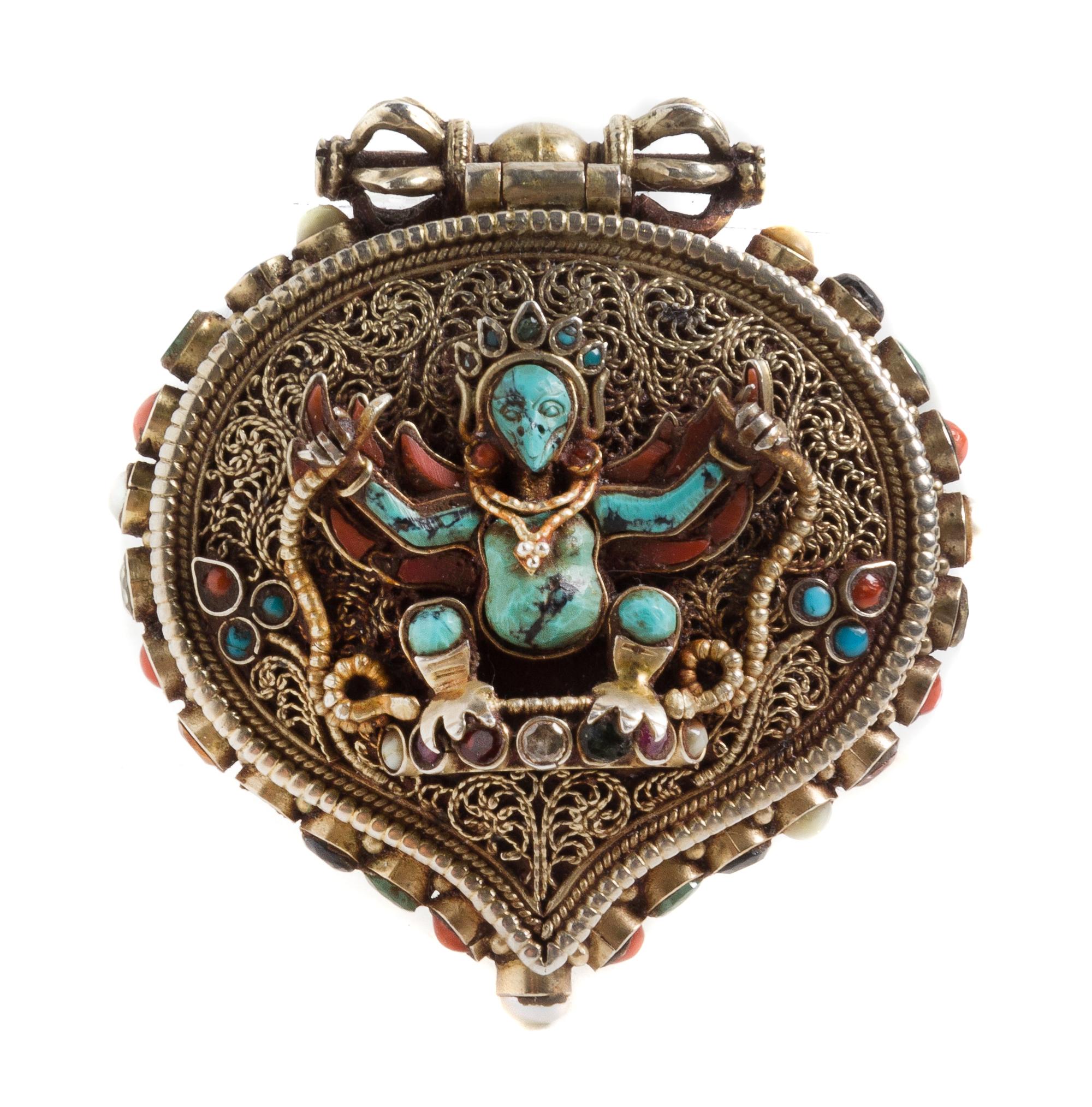 A Tibetan Hardstone and Glass Inset Gilt Metal Prayer Box