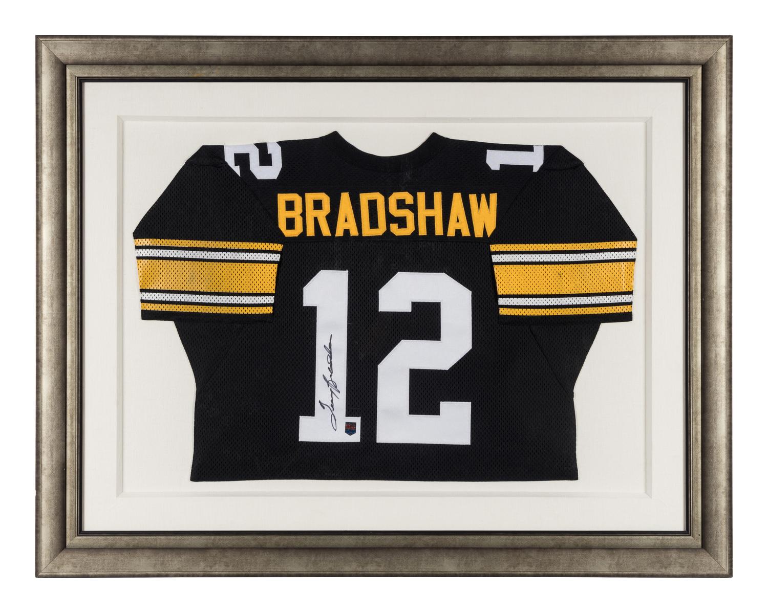 A Terry Bradshaw Signed Autograph Pittsburgh Steelers Jersey Display (Beckett Authentication Services Letter),